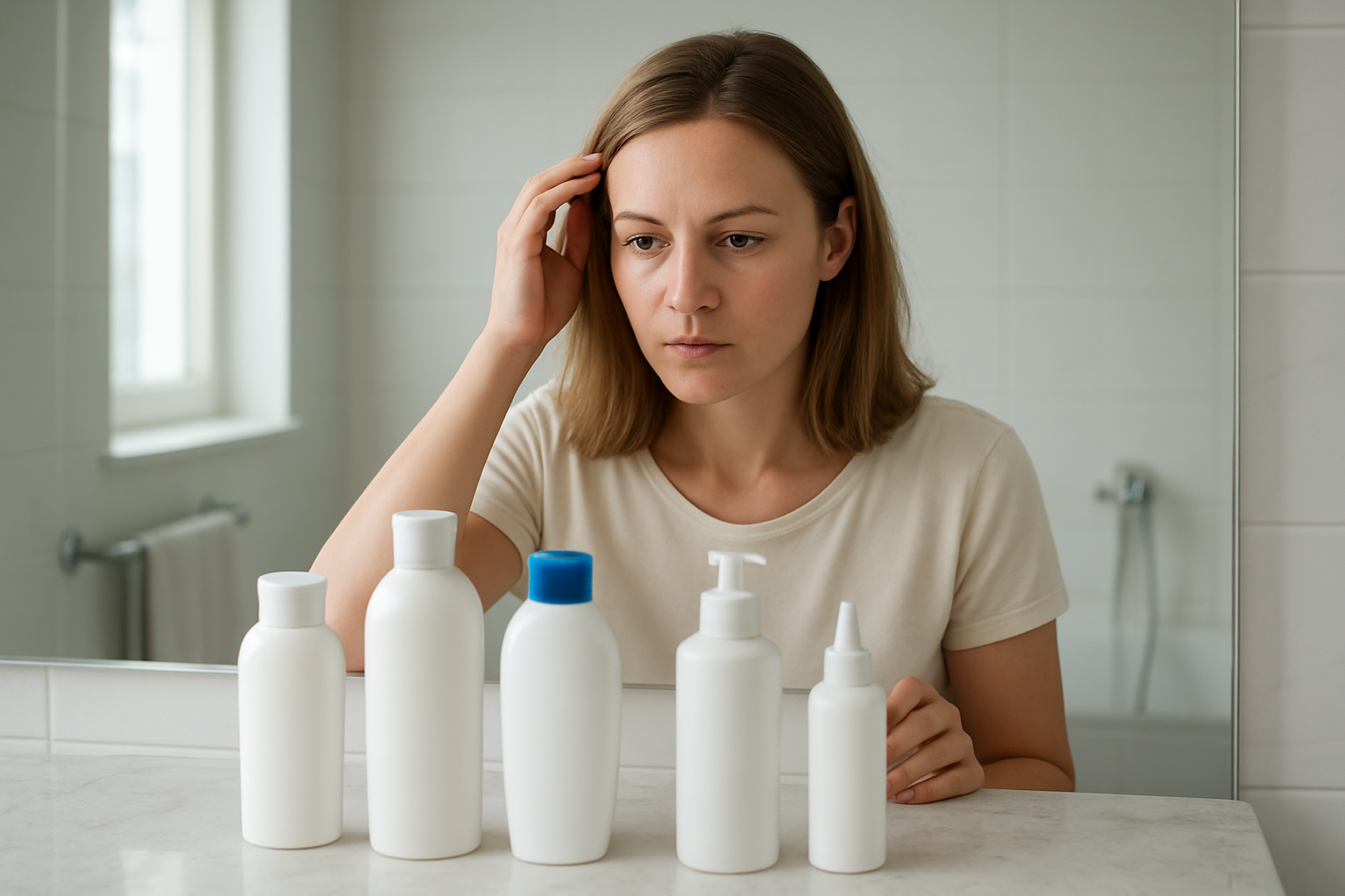 Create a realistic image of a white female with shoulder-length hair standing in a modern bathroom, adjusting her daily hair care routine by comparing different anti-dandruff shampoo bottles and scalp treatment products arranged on a clean marble countertop, with a large mirror reflecting her focused expression, soft natural lighting from a window, and a neat organized bathroom setting with white tiles and chrome fixtures, Absolutely NO text should be in the scene.
