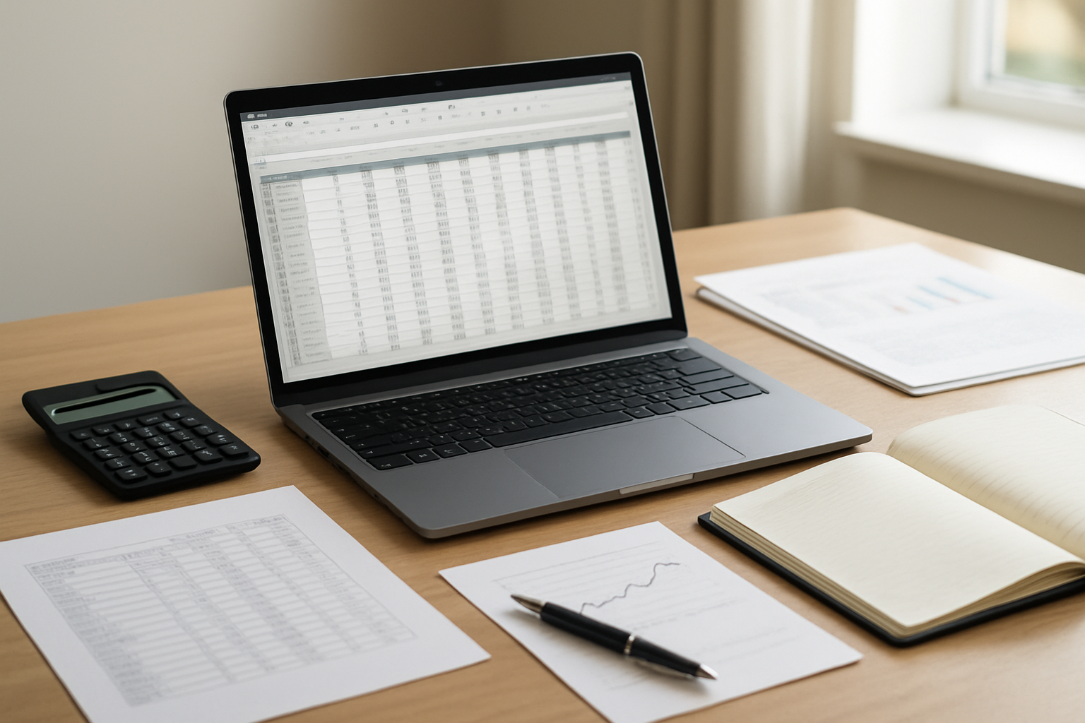 Create a realistic image of a modern desk setup with an open laptop displaying a spreadsheet application, surrounded by organized financial documents, calculator, pen, and notebook on a clean wooden surface, with soft natural lighting from a window creating a professional and focused atmosphere for personal finance management, absolutely NO text should be in the scene.