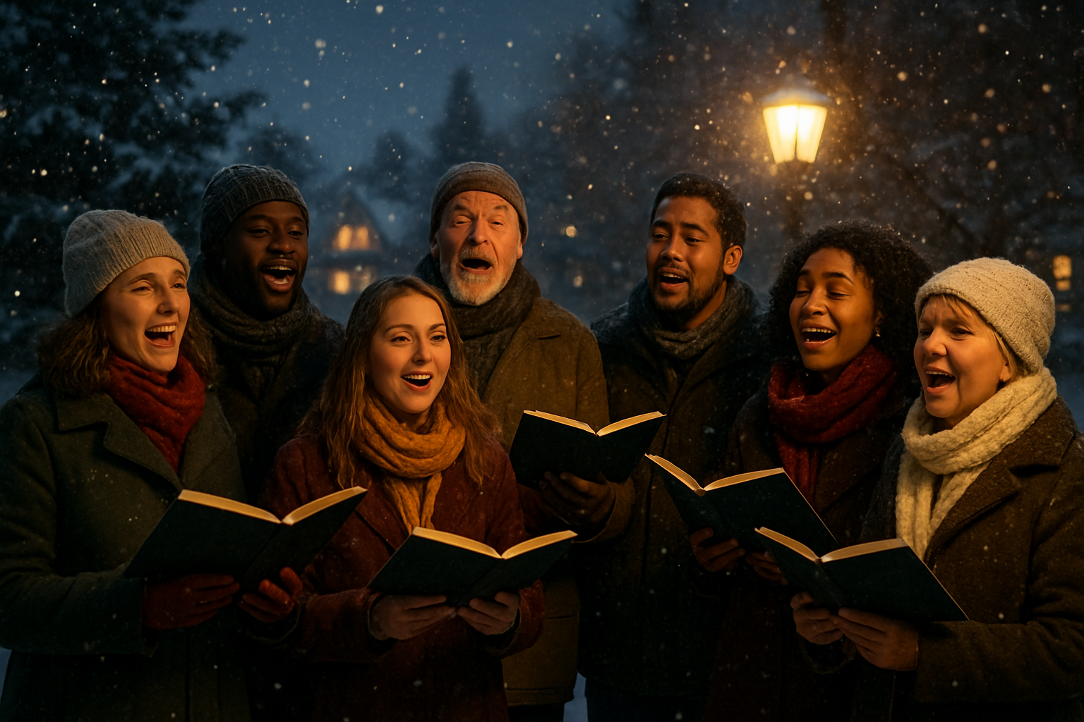 Create a realistic image of a diverse group of people including white, black, and Hispanic men and women of various ages standing together in a circle outdoors on a snowy winter evening, singing Christmas carols with their mouths open in song, holding songbooks, wearing winter coats and scarves, with warm golden light from nearby street lamps illuminating their faces showing joyful expressions, snow gently falling around them, evergreen trees in the background, and houses with glowing windows visible in the distance creating a cozy neighborhood atmosphere that emphasizes community togetherness and social connection, absolutely NO text should be in the scene.