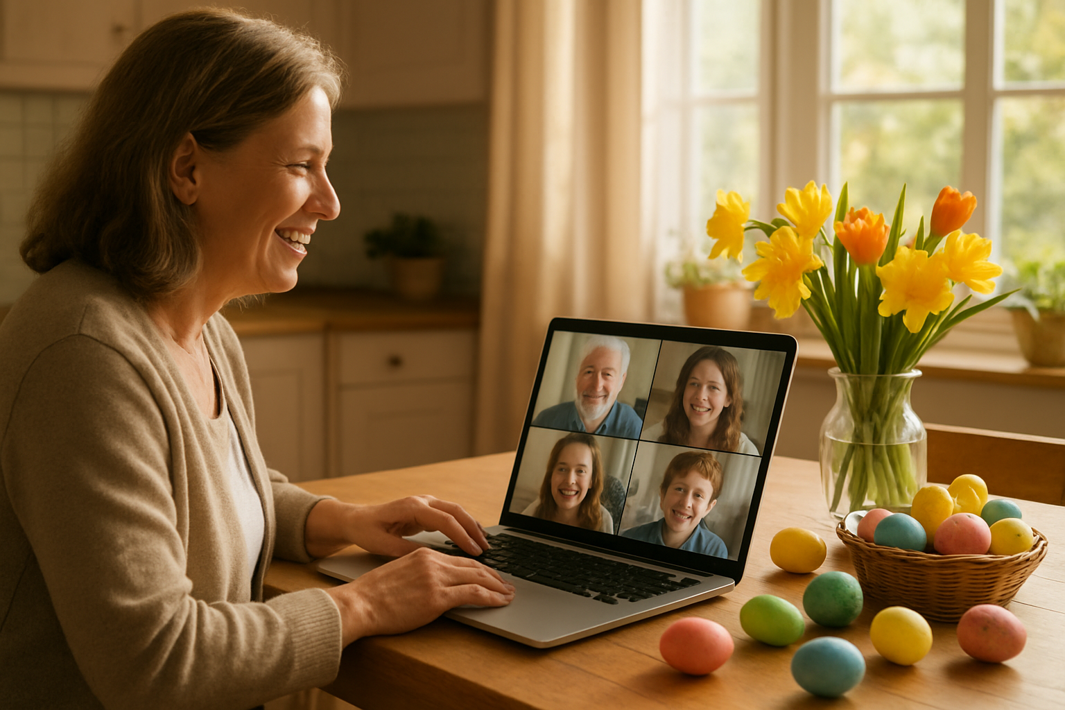 Create a realistic image of a middle-aged white woman sitting at a kitchen table with a laptop open, video calling with family members visible on the screen, surrounded by Easter decorations including colorful eggs and spring flowers, with warm natural lighting streaming through a window, conveying a sense of connection and joy despite being physically alone, absolutely NO text should be in the scene.
