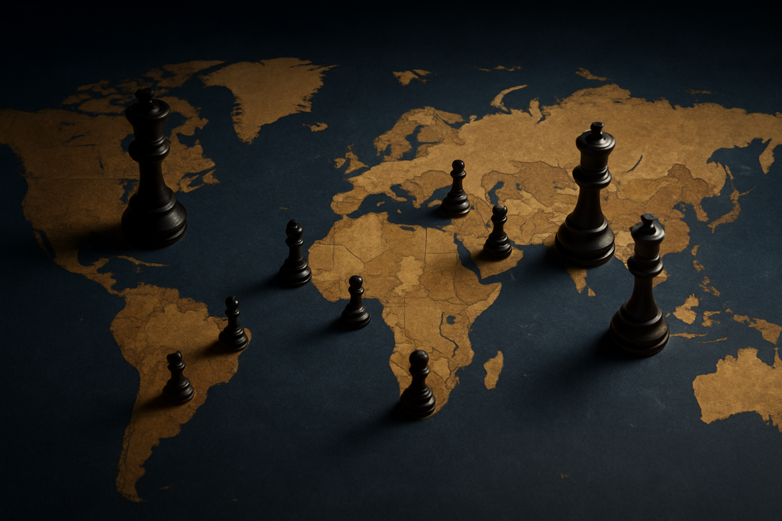 Create a realistic image of a world map with chess pieces strategically positioned on different continents representing major world powers, with larger chess pieces on the United States, Russia, China, and European nations, smaller pieces scattered across the Middle East including Iran, dramatic lighting casting shadows across the map suggesting tension and strategic maneuvering, dark blue and gold color scheme conveying serious geopolitical atmosphere, absolutely NO text should be in the scene.