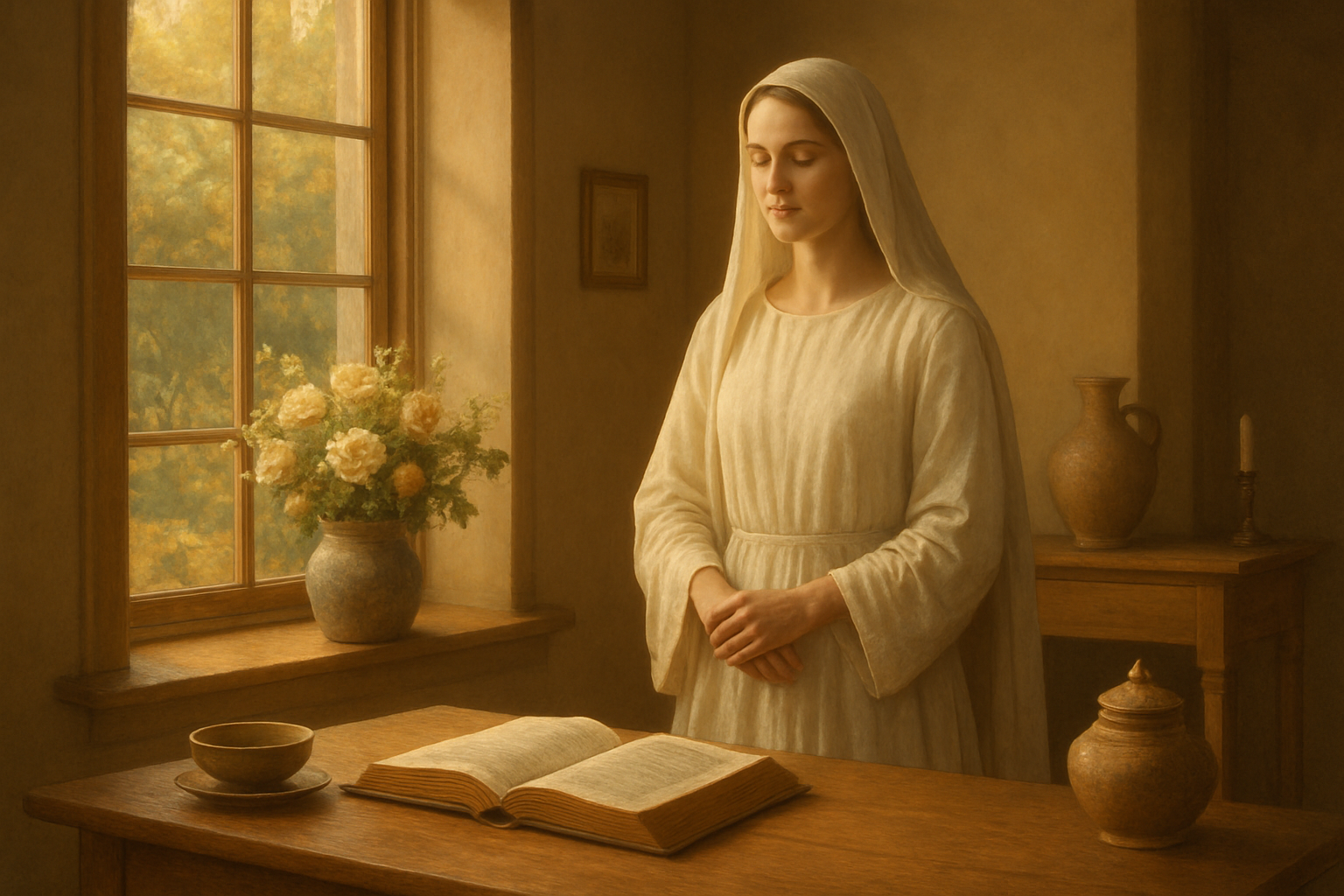 Create a realistic image of a serene and elegant scene featuring a white female figure in modest, flowing clothing standing in a beautifully appointed home interior with warm golden lighting streaming through large windows, surrounded by elements that symbolize virtue and wisdom including an open leather-bound book on a wooden table, fresh flowers in a ceramic vase, handcrafted items, and subtle glimpses of a well-tended garden visible through the windows, with the overall composition conveying peace, accomplishment, and spiritual fulfillment through soft, warm tones and natural lighting that creates an atmosphere of grace and completeness, absolutely NO text should be in the scene.