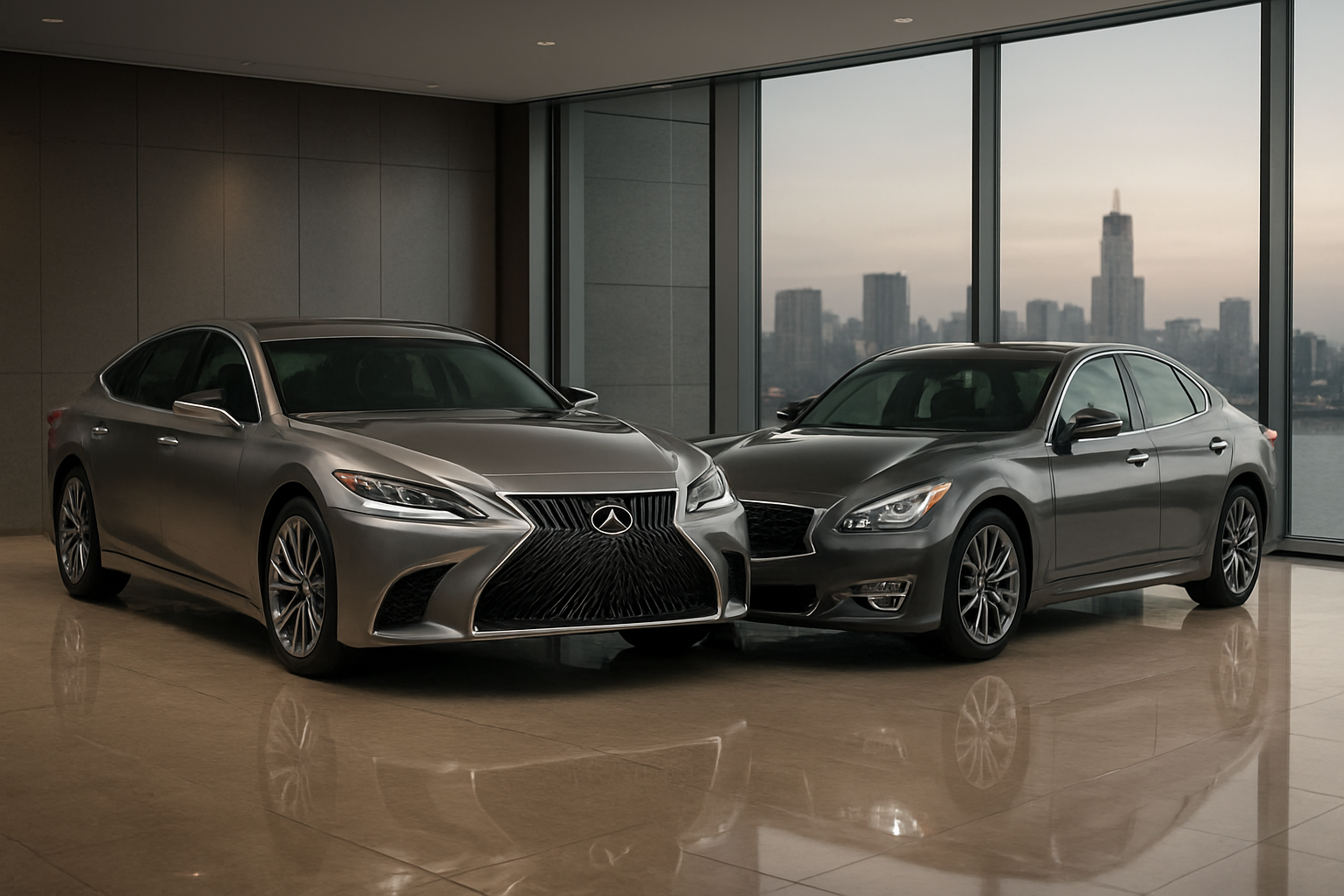 Create a realistic image of two premium Japanese luxury sedans, a sleek Lexus LS and an elegant Infiniti Q70, positioned at an upscale angle in a modern showroom with polished marble floors, sophisticated ambient lighting casting subtle reflections, floor-to-ceiling windows revealing a city skyline in the background, emphasizing the vehicles' pristine metallic paint finishes and refined craftsmanship that symbolizes enduring value and quality, with soft natural light filtering through creating an atmosphere of exclusivity and prestige, absolutely NO text should be in the scene.