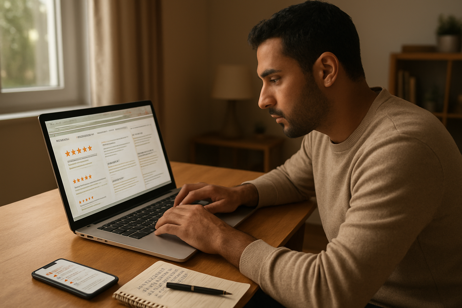 Create a realistic image of a Middle Eastern male homeowner sitting at a modern desk with a laptop computer, carefully reading and analyzing online reviews and ratings on the screen, with multiple browser tabs open showing different review websites, a smartphone nearby displaying additional review apps, and a notepad with handwritten notes about inspector qualifications, set in a well-lit contemporary home office with warm natural lighting from a window, creating a focused and research-oriented atmosphere, absolutely NO text should be in the scene.