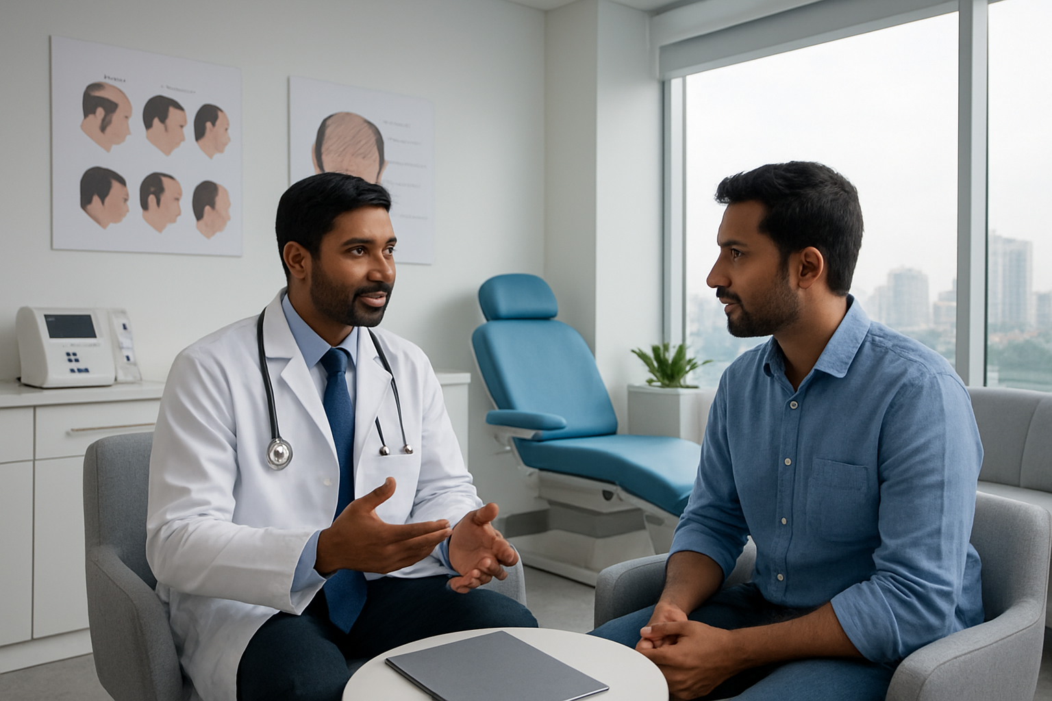 Create a realistic image of a modern medical clinic interior in Bangalore with a professional South Asian male doctor in a white coat consulting with a South Asian male patient about hair restoration, featuring contemporary medical equipment, hair transplant procedure charts on the walls, comfortable seating area, clean white and blue color scheme, soft professional lighting, and a welcoming atmosphere that conveys expertise and trust, with city views of Bangalore visible through large windows in the background, absolutely NO text should be in the scene.