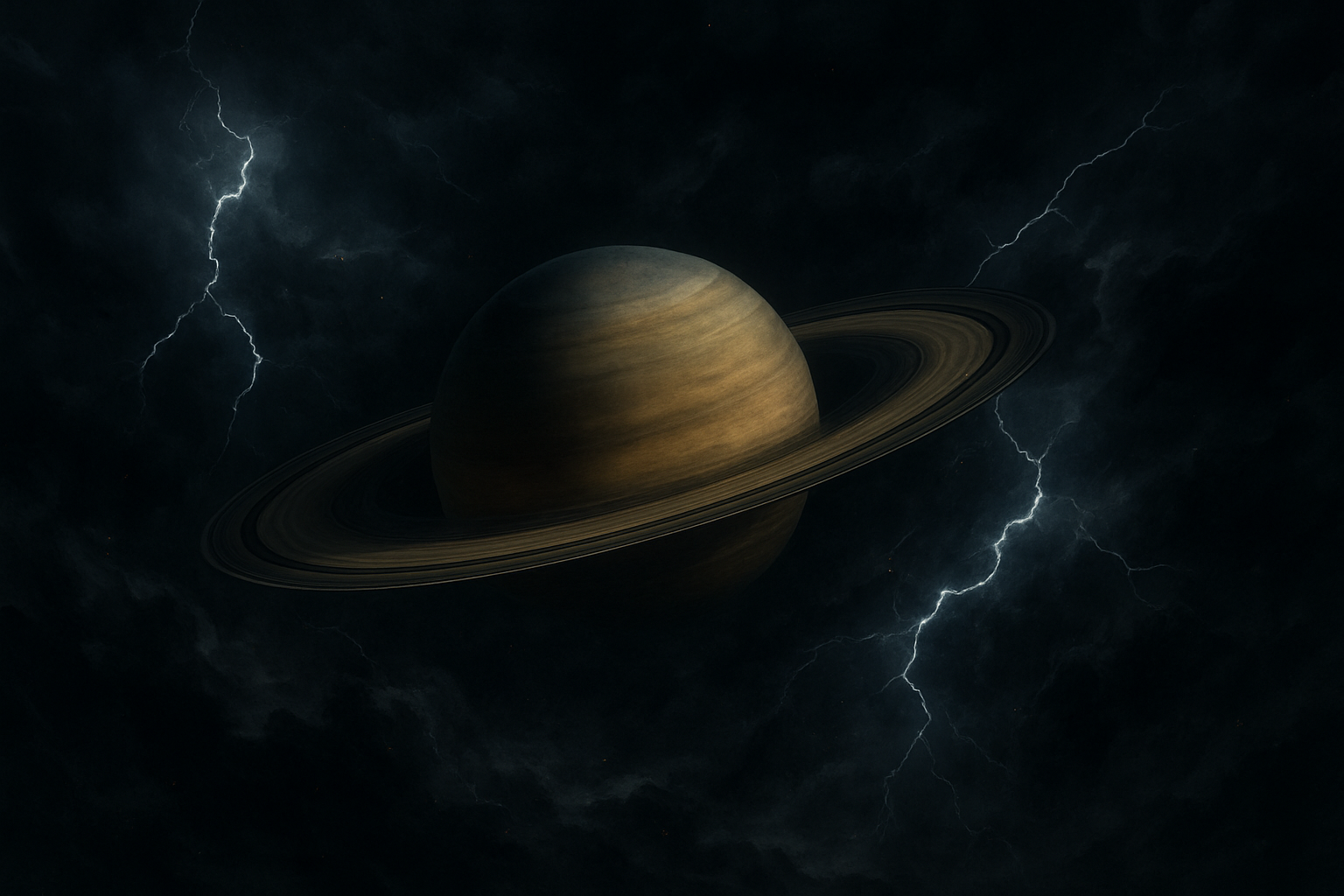 9 கிரகங்களும் கேதுவும்: அதிர்ச்சி பலன்கள் Create a realistic image of a dark, stormy cosmic scene with the planet Saturn prominently displayed in the center, showing its distinctive rings clearly, surrounded by swirling dark clouds and lightning bolts, with a somber and intense atmosphere, dramatic lighting casting deep shadows, representing the harsh lessons and challenges associated with Saturn in astrology, the background should be a deep space setting with scattered stars barely visible through the turbulent cosmic weather, the overall mood should convey difficulty, learning through hardship, and transformative experiences, use dark blues, grays, and muted golden tones for Saturn itself, absolutely NO text should be in the scene.