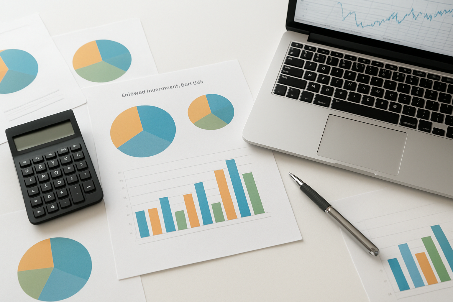 Create a realistic image of a modern office desk from above showing a balanced investment portfolio visualization with pie charts and bar graphs on papers, a calculator, pen, and laptop computer displaying financial data, surrounded by documents showing different asset allocation percentages for stocks, bonds, and other investments, with a clean white background and natural daylight lighting, absolutely NO text should be in the scene.