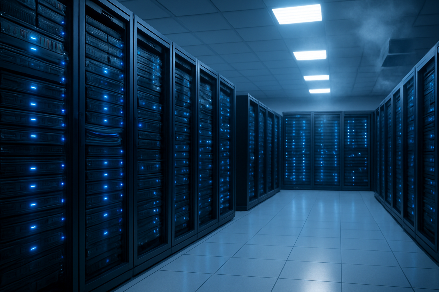 Create a realistic image of a modern data center server room with rows of tall server racks containing multiple storage units and hard drives, with blue LED indicator lights glowing on the equipment, fiber optic cables neatly organized and connecting various servers, a clean white tile floor reflecting the ambient lighting, cool blue and white lighting throughout the facility, subtle steam or cooling mist visible near ventilation systems, and a professional technology atmosphere that conveys scalability and cloud infrastructure, absolutely NO text should be in the scene.