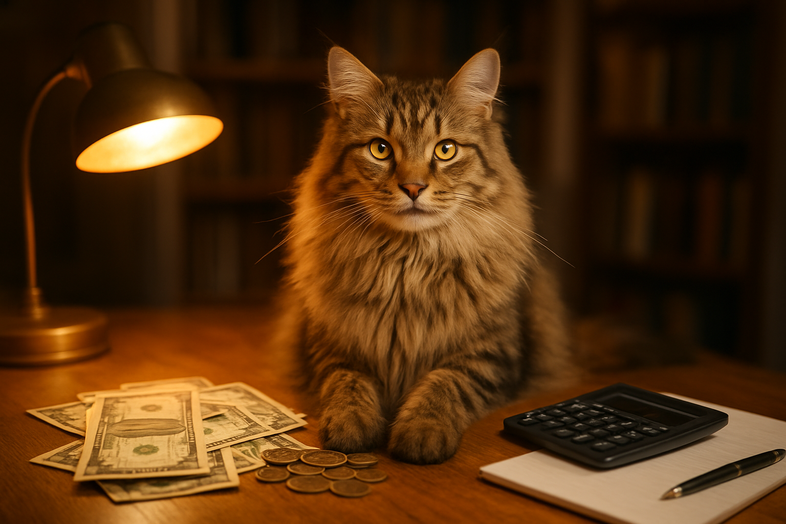 Create a realistic image of a majestic Maine Coon cat with long fluffy fur sitting confidently on a wooden desk next to scattered dollar bills and coins, with a calculator and notepad nearby, warm golden lighting from a desk lamp creating a cozy home office atmosphere, the cat looking directly at the camera with bright intelligent eyes, background showing blurred bookshelves, conveying a sense of financial planning and smart decision-making, absolutely NO text should be in the scene.