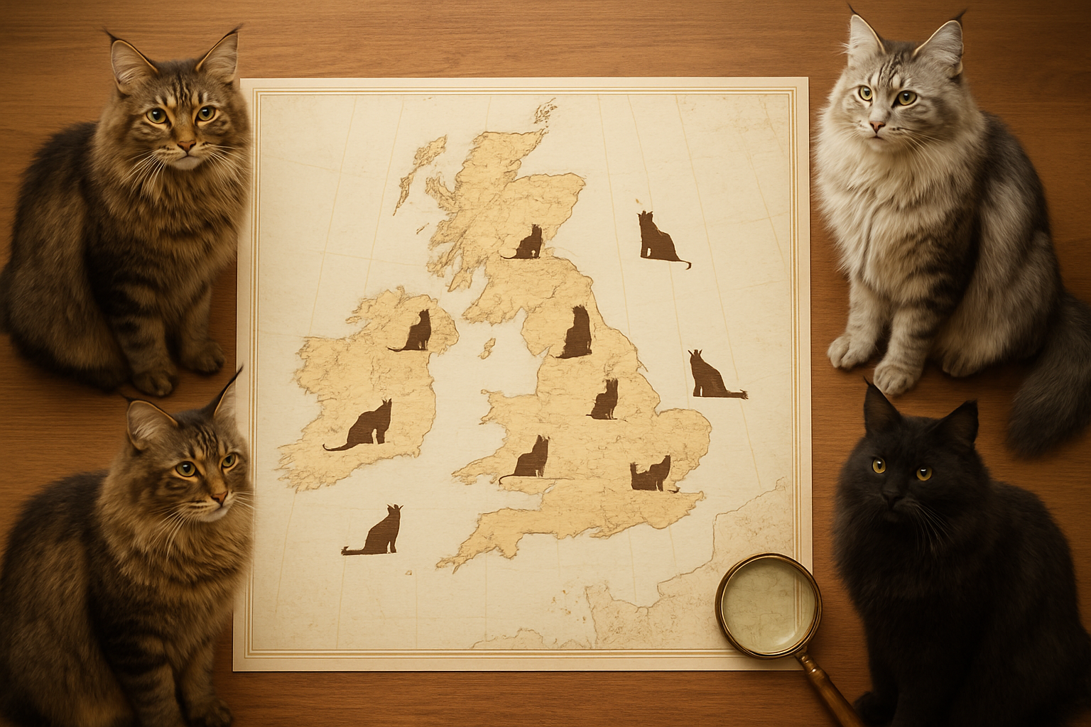 Create a realistic image of a detailed map of Britain showing different regions with small illustrated Maine Coon cat silhouettes positioned across various locations, featuring a warm wooden desk surface as background with a magnifying glass partially visible at one corner, soft natural lighting from above creating gentle shadows, and several Maine Coon cats with their distinctive long fur and large size sitting elegantly around the map's edges, displaying various coat colors including brown tabby, silver, and black patterns. Absolutely NO text should be in the scene.