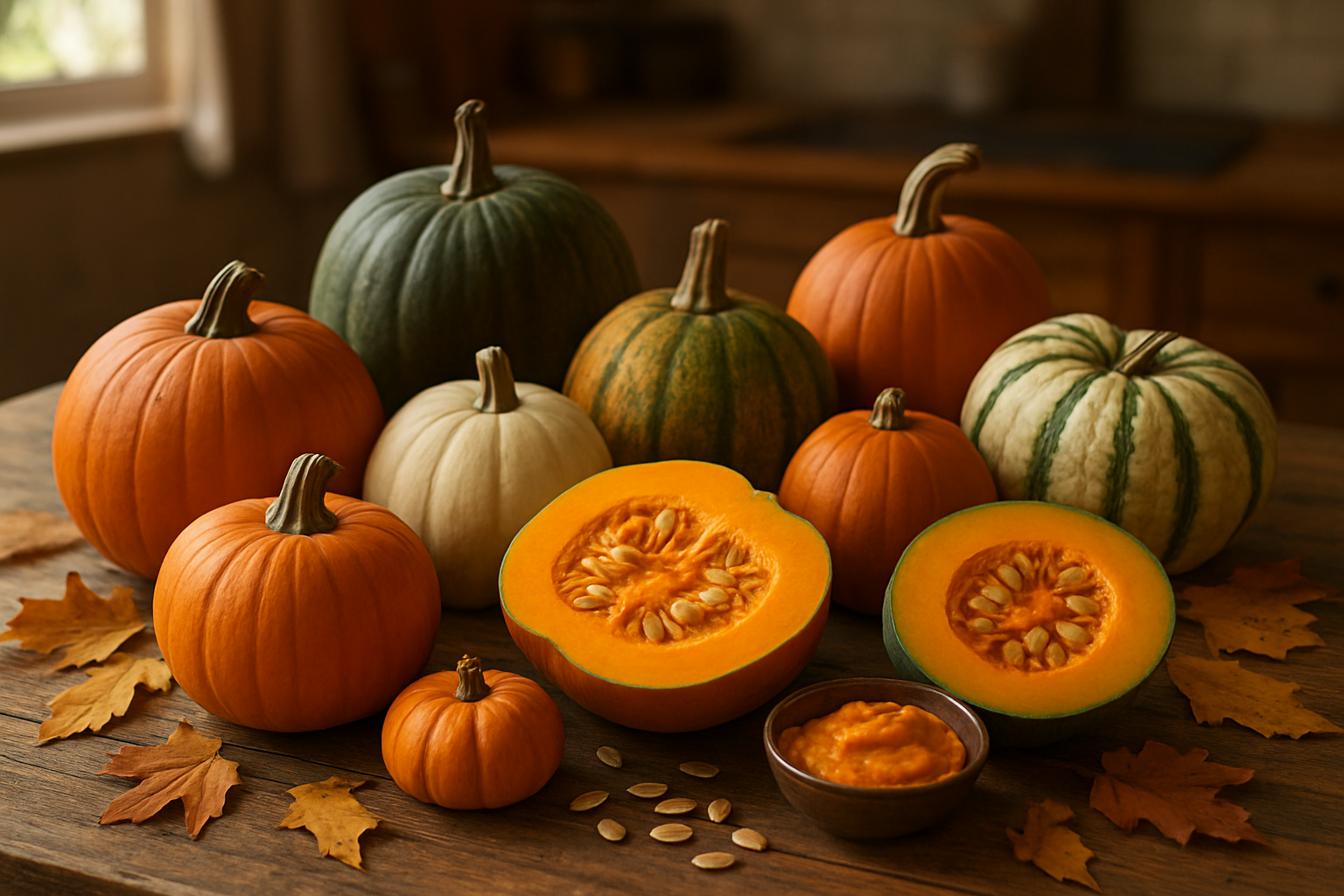 Create a realistic image of a diverse collection of pumpkins in various sizes, shapes, and colors including orange, white, green, and striped varieties arranged on a rustic wooden farm table, with some whole pumpkins, others cut in half showing the interior seeds and flesh, surrounded by autumn leaves, pumpkin seeds scattered nearby, a small bowl of pumpkin puree, and soft natural lighting from a window creating warm shadows, set against a blurred background of a cozy kitchen or farmhouse interior, conveying abundance and harvest completion, absolutely NO text should be in the scene.