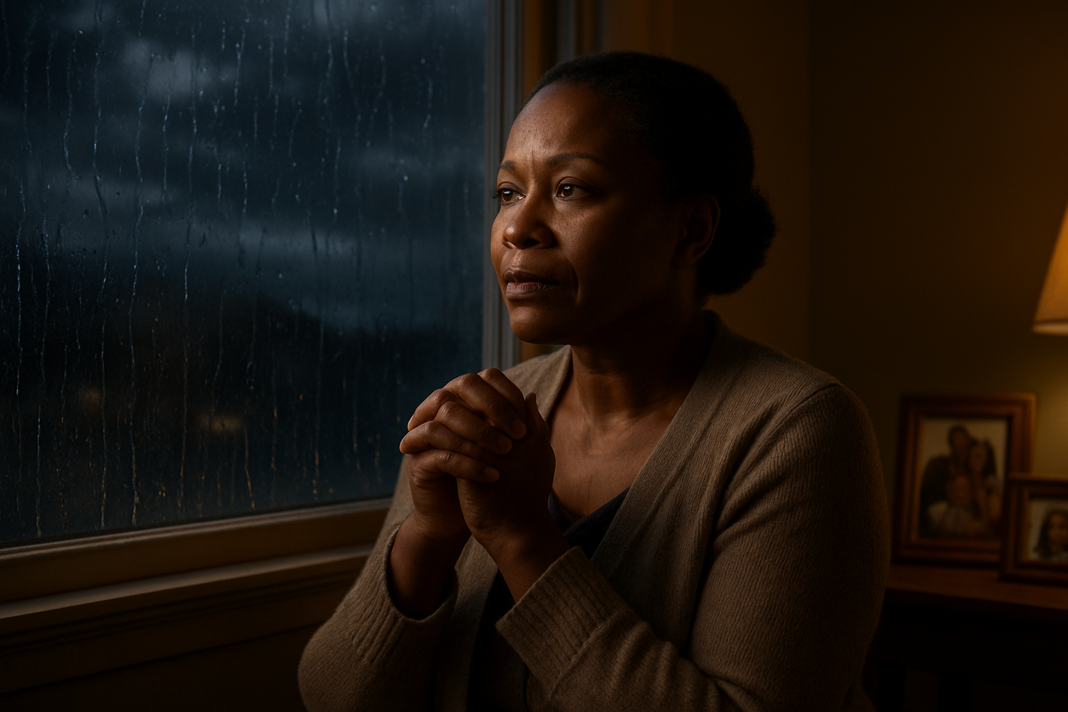 Create a realistic image of a middle-aged black woman sitting by a window during a stormy evening, her face illuminated by warm indoor lighting while rain streaks down the glass, her hands clasped together in a gesture of quiet determination, wearing a simple cardigan, with family photos visible on a nearby table, the scene conveying resilience and inner strength through her calm expression and upright posture despite the turbulent weather outside, soft golden light creating a contrast against the dark stormy sky, absolutely NO text should be in the scene.