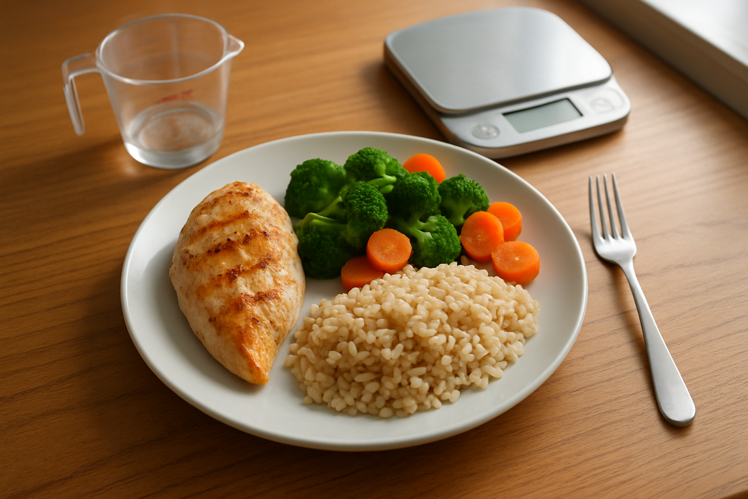 Create a realistic image of a clean wooden dining table from above showing a balanced meal with properly portioned food on a white ceramic plate, including grilled chicken breast, steamed vegetables, and brown rice in appropriate serving sizes, alongside a measuring cup and food scale in the background, with soft natural lighting from a nearby window creating a warm and encouraging atmosphere that represents successful portion control achievement. Absolutely NO text should be in the scene.