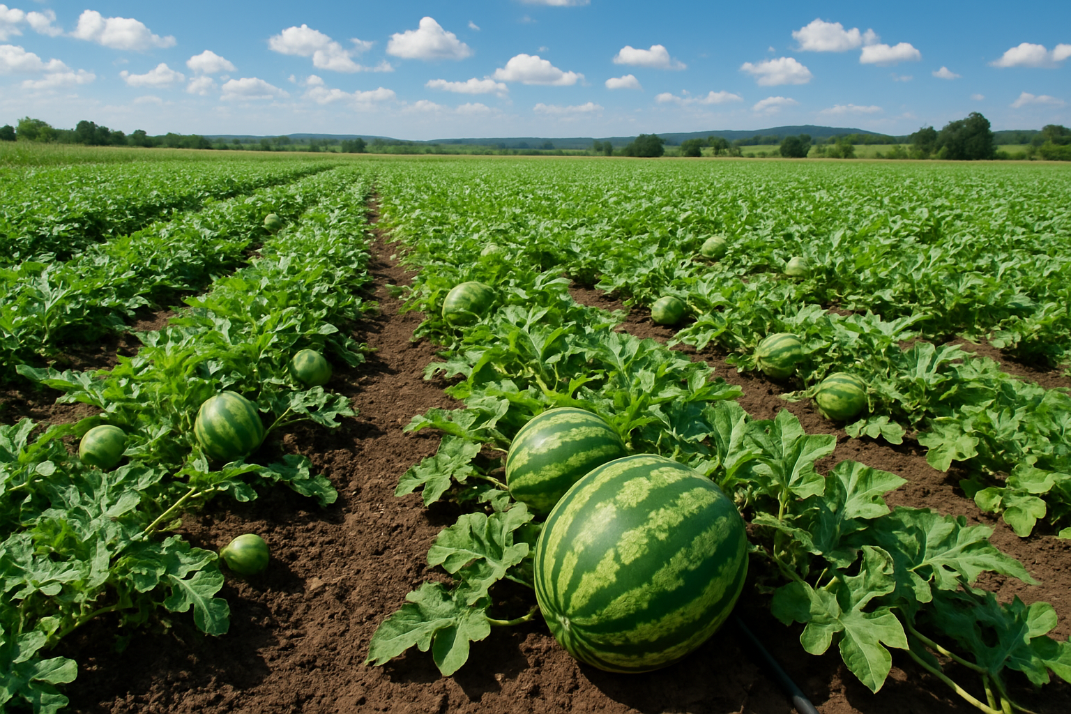 Create a realistic image of a thriving watermelon farm with rows of watermelon vines sprawling across fertile dark soil, showing various stages of watermelon growth from small green fruits to large striped watermelons ready for harvest, under bright sunny skies with scattered white clouds, featuring rich green foliage, drip irrigation systems visible between the rows, and a rural agricultural landscape in the background with gentle rolling hills. Absolutely NO text should be in the scene.