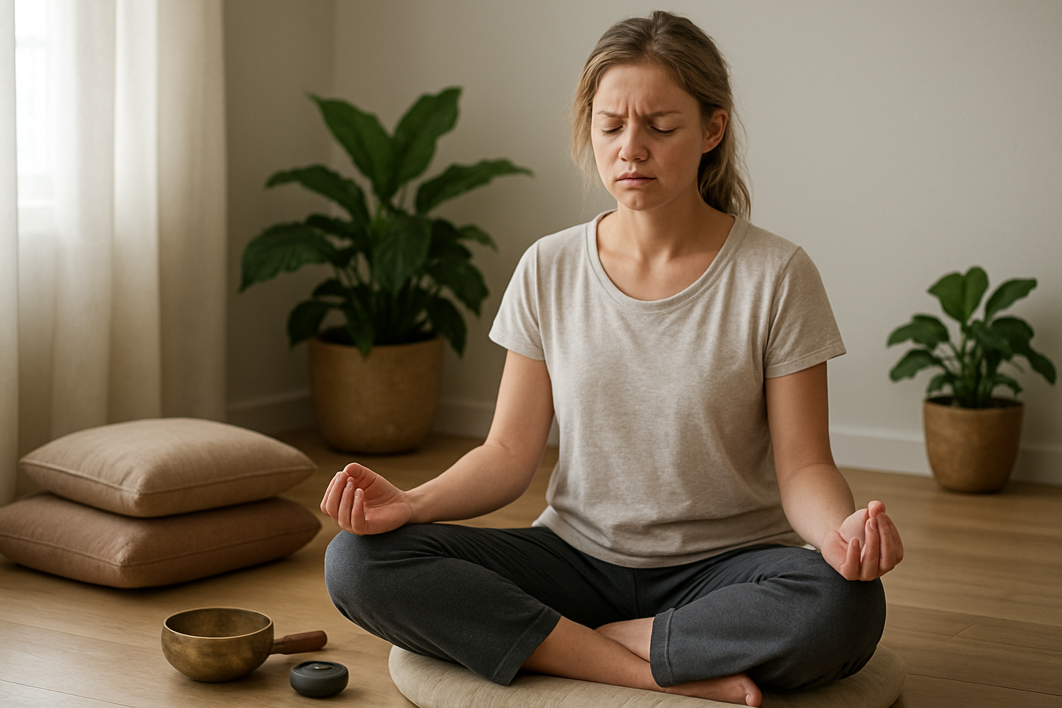 Create a realistic image of a peaceful indoor meditation space with a white female beginner meditator sitting cross-legged on a cushion with a slightly frustrated or contemplative expression, surrounded by meditation props like cushions, a singing bowl, and a meditation timer, with soft natural lighting from a nearby window, plants in the background, and a serene atmosphere that suggests working through meditation challenges, absolutely NO text should be in the scene.