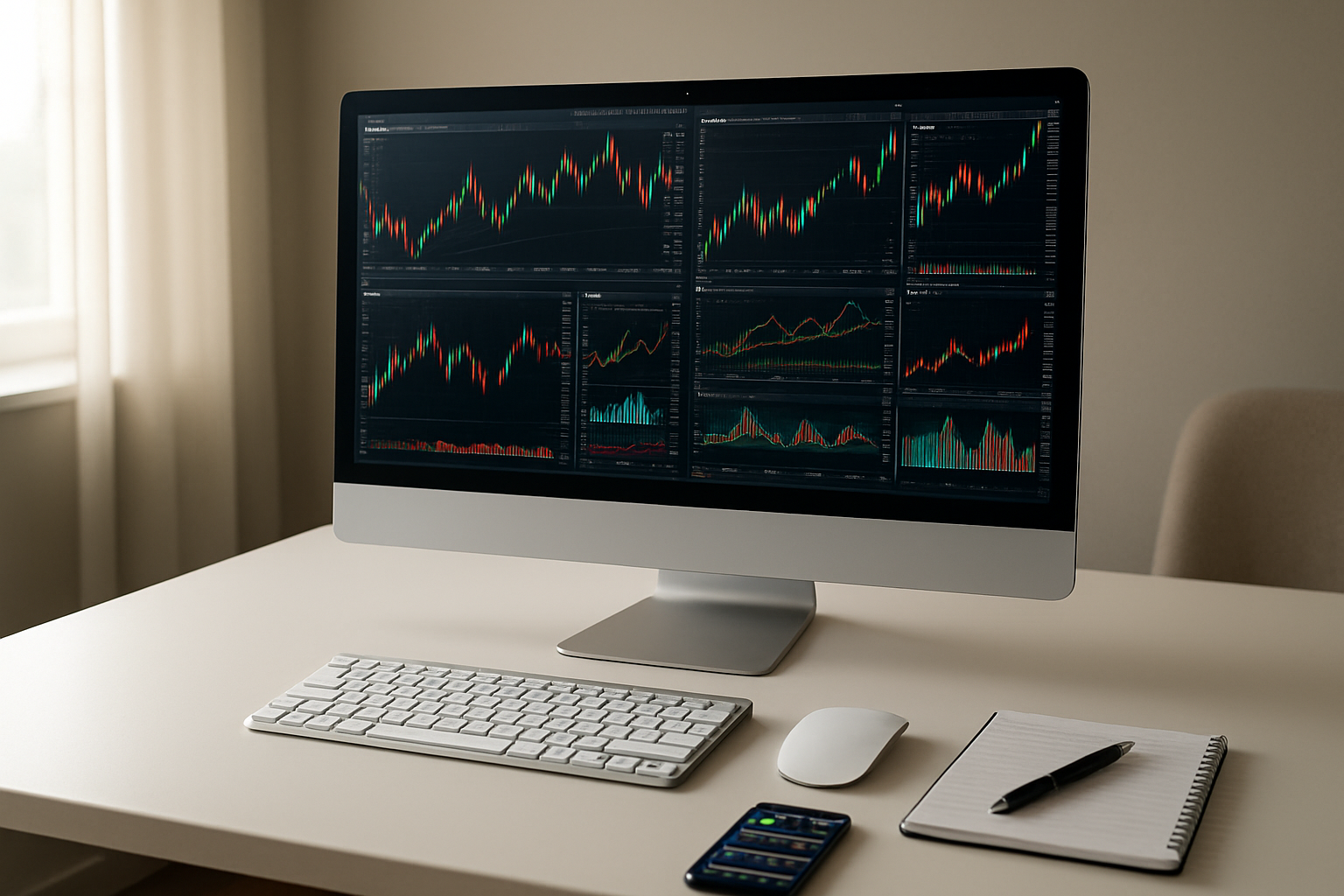 Create a realistic image of a modern desktop computer setup displaying multiple trading platform interfaces side by side on a large monitor, with colorful charts, graphs, and trading dashboards visible on each platform interface, a clean white desk with a wireless keyboard and mouse, a smartphone showing a trading app, a notepad with a pen for comparison notes, soft natural lighting from a nearby window, professional home office environment with neutral colors, absolutely NO text should be in the scene.
