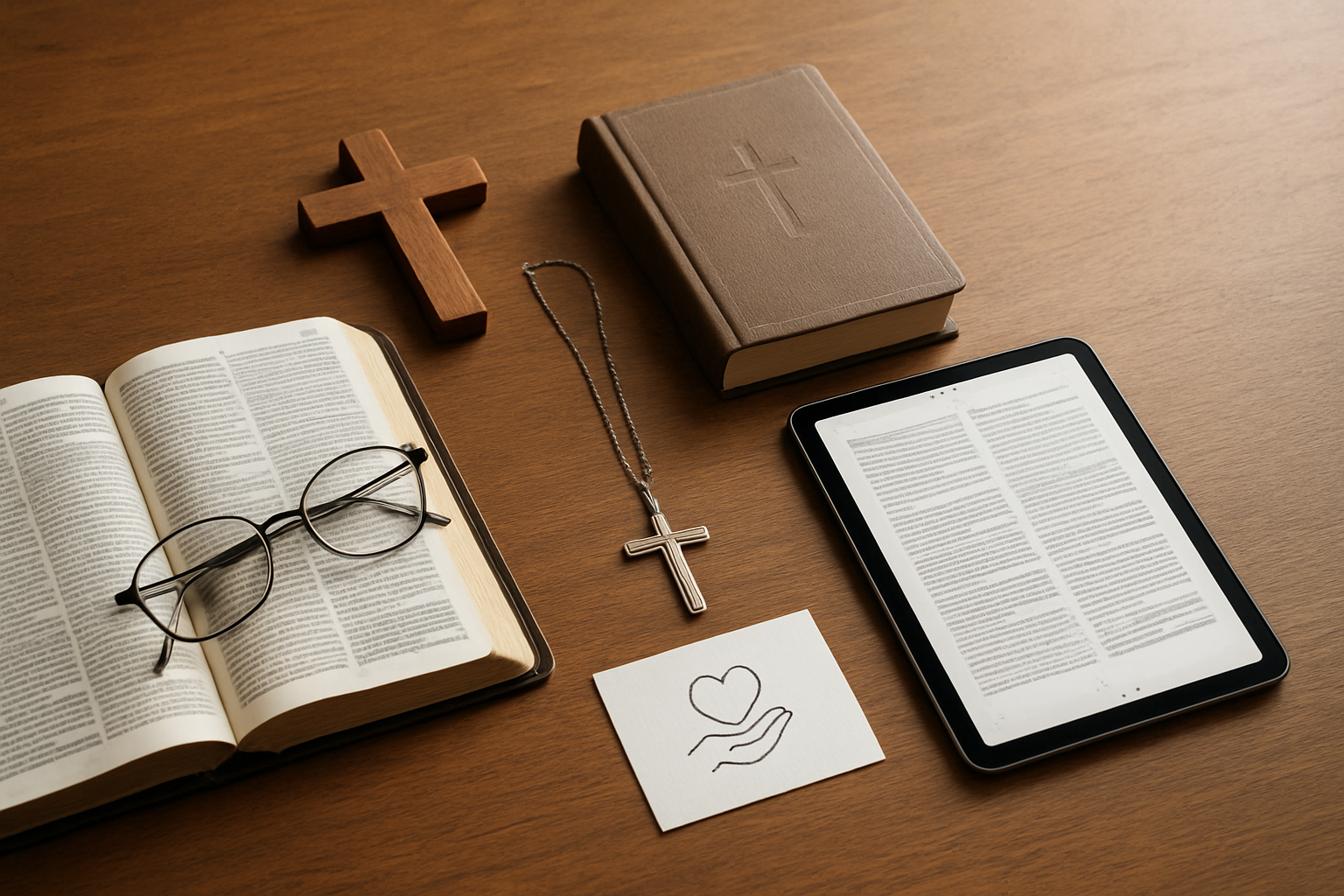 Create a realistic image of a beautifully arranged collection of Christian gifts for middle-aged adults displayed on a warm wooden table surface, including an open Bible with reading glasses resting on it, a delicate silver cross necklace, a small decorative wooden cross for home display, a Christian devotional book, a tablet showing a digital Bible app interface, and a small card representing charitable giving, all arranged in an aesthetically pleasing flat lay style with soft natural lighting from a nearby window creating gentle shadows, warm and inviting atmosphere that conveys thoughtfulness and spiritual meaning, absolutely NO text should be in the scene.