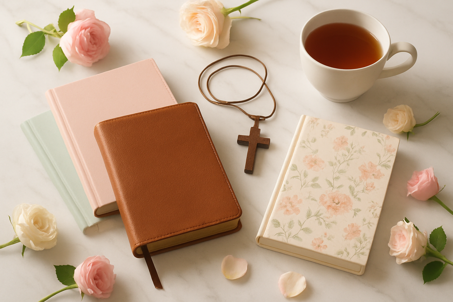 Create a realistic image of an elegant flat lay arrangement featuring Christian devotional books with soft pastel covers, a leather-bound Bible with ribbon bookmark, a delicate journal with floral patterns, a wooden cross pendant necklace, pink and white roses scattered around, and a cup of tea on a marble surface with soft natural lighting creating a warm, peaceful atmosphere perfect for spiritual reflection and growth, absolutely NO text should be in the scene.