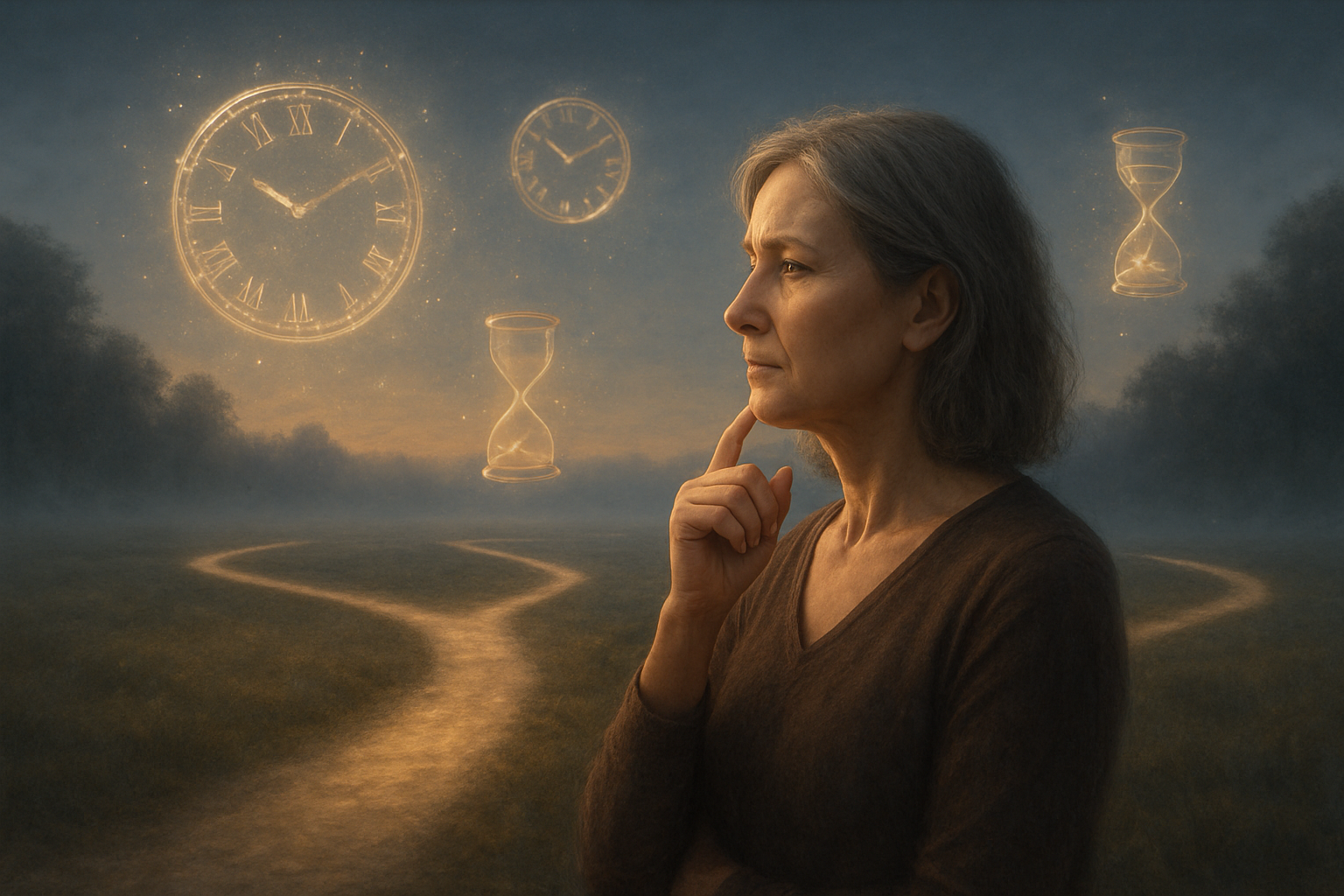 Create a realistic image of a thoughtful middle-aged white woman standing at a crossroads with multiple pathways extending into the distance, each path glowing softly with warm golden light, surrounded by a serene twilight landscape with gentle mist, her hand positioned as if making a deliberate choice, with floating translucent clock faces and hourglasses dissolving into sparkles around her, symbolizing the power of present moment decisions, soft ambient lighting creating a contemplative and empowering atmosphere, absolutely NO text should be in the scene.