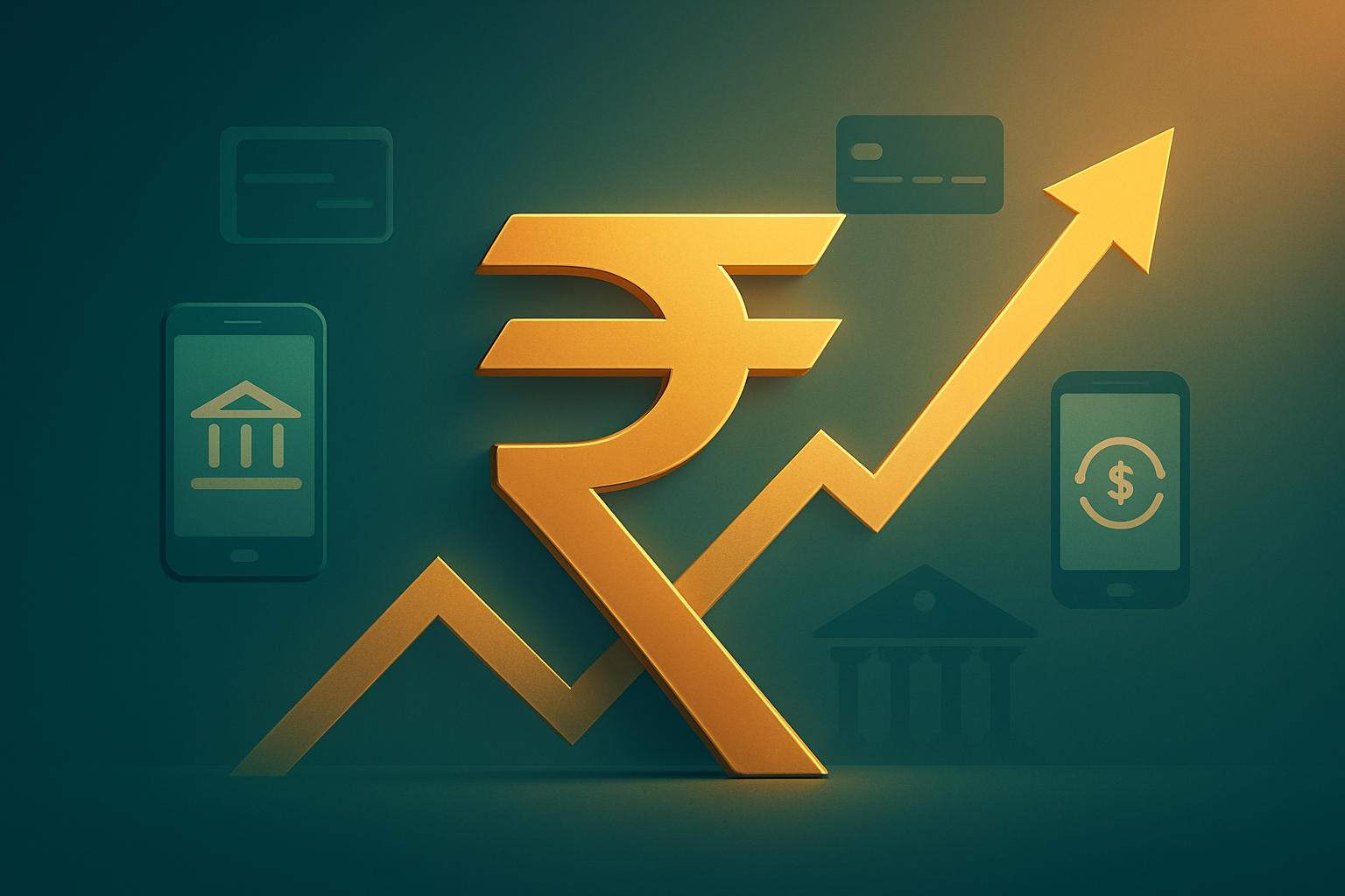 Create a realistic image of an Indian rupee symbol prominently displayed in the center with upward trending arrow graphics around it, modern banking icons like mobile phones showing banking apps, credit cards, and digital payment symbols floating in the background, warm golden lighting suggesting financial growth and prosperity, sleek blue and green color scheme representing trust and stability, professional financial atmosphere with subtle RBI building silhouette in the distant background, clean minimalist composition conveying positive economic outlook and enhanced banking services, absolutely NO text should be in the scene.