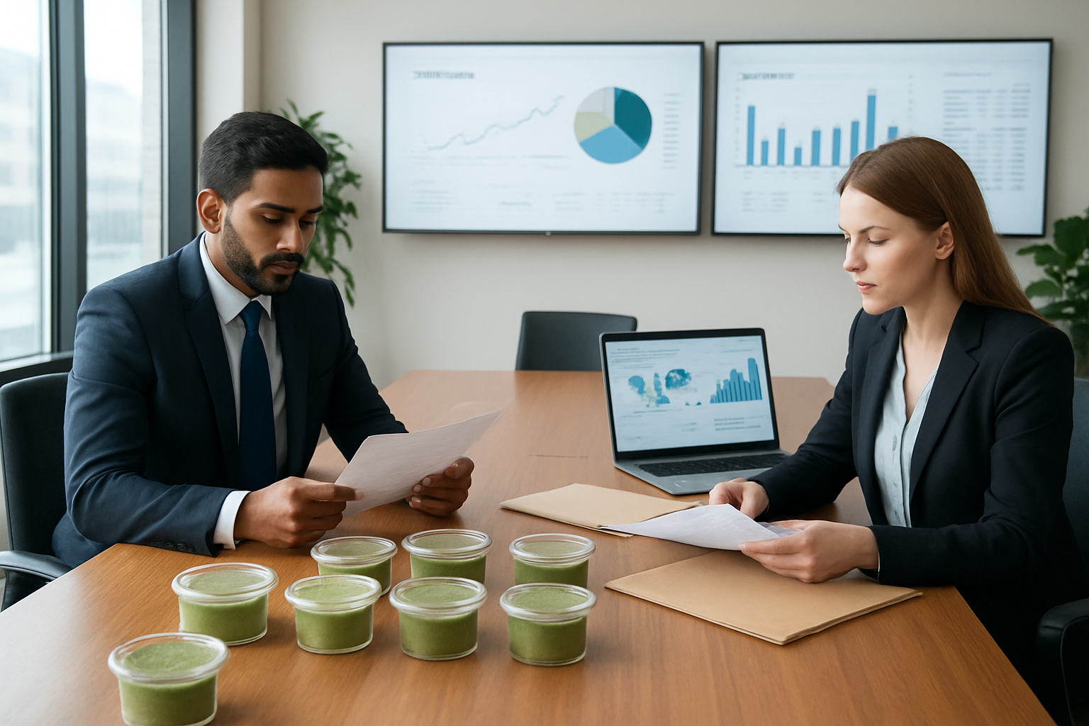 Create a realistic image of a modern business conference room with a large wooden table displaying organized stacks of moringa powder samples in clear containers, export documentation folders, and a laptop showing supply chain analytics, with two professional businesspeople - one South Asian male and one white female - reviewing sourcing contracts, surrounded by charts on wall-mounted screens showing profit margins and import data, bright natural lighting from large windows, clean corporate atmosphere with plants in background, absolutely NO text should be in the scene.