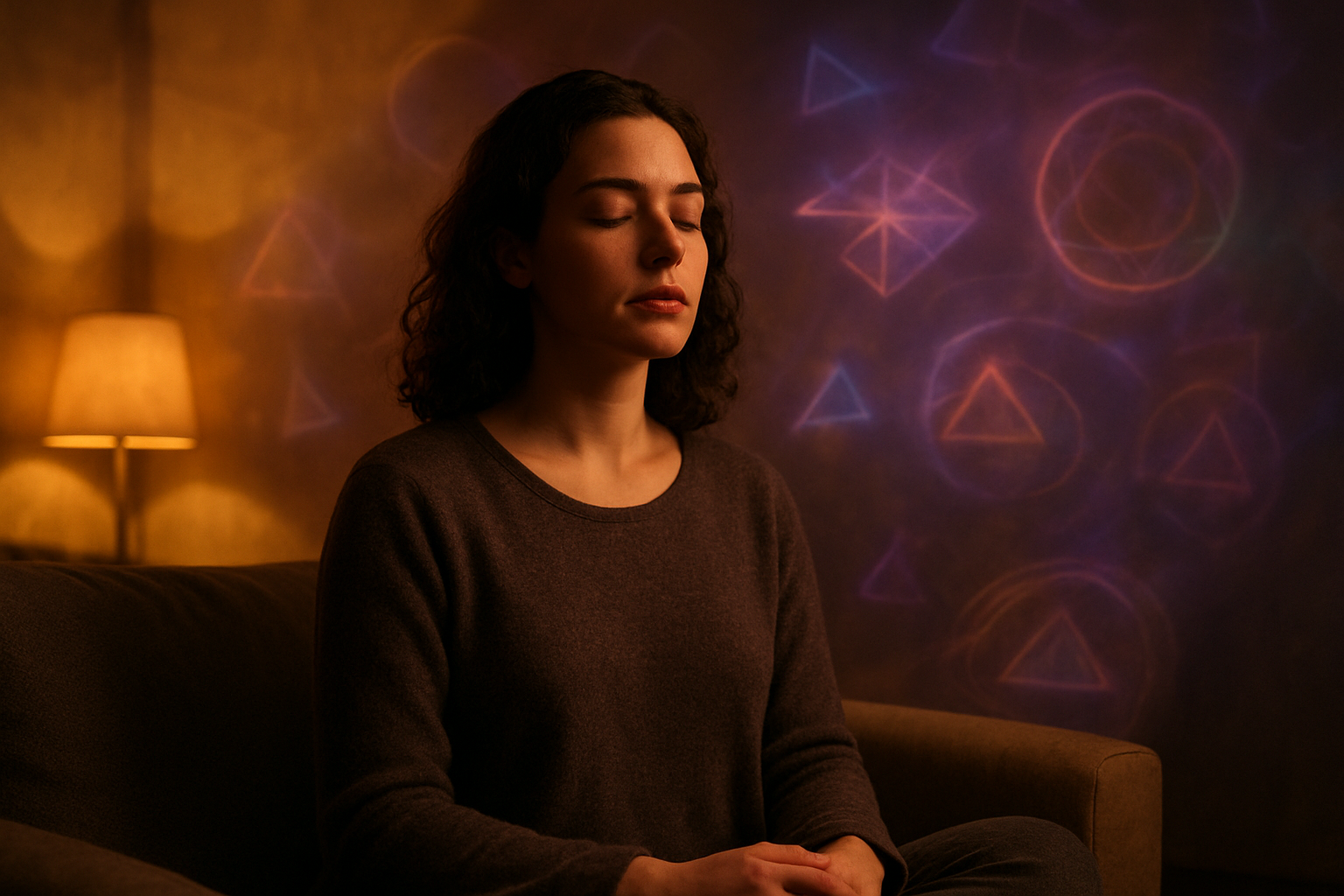 Create A Realistic Image Of A Person Sitting In A Comfortable, Dimly Lit Room With Soft Ambient Lighting, Eyes Closed In A Meditative State, With Subtle Visual Distortions In The Background Suggesting Altered Perception, Colorful Geometric Patterns Gently Floating In The Air Around Them, Warm Golden And Purple Hues Creating A Mystical Atmosphere, Soft Shadows On The Walls, And A Peaceful, Introspective Mood Throughout The Scene, Absolutely No Text Should Be In The Scene.