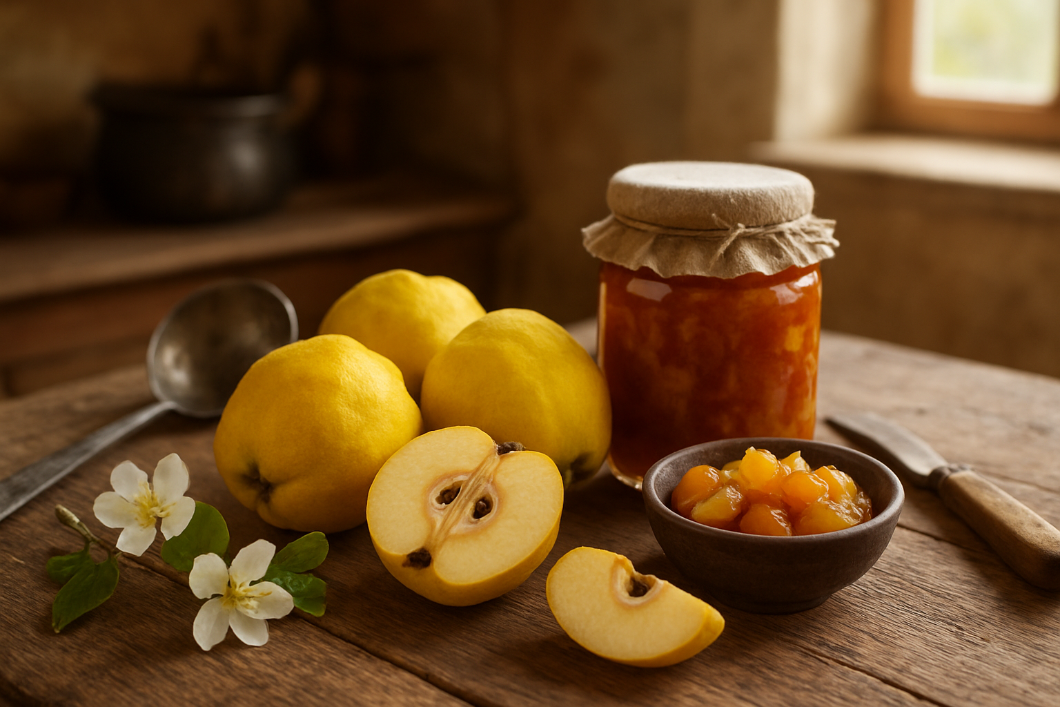 Create a realistic image of a rustic wooden table showcasing fresh golden-yellow quince fruits in various stages - whole quinces with fuzzy skin, sliced quinces revealing pale flesh, a jar of quince preserves, and quince blossoms on a branch, surrounded by vintage cooking utensils and a small bowl of cooked quince pieces, set against a warm kitchen background with soft natural lighting streaming through a window, creating an inviting atmosphere that captures the essence of quince from farm to table. Absolutely NO text should be in the scene.