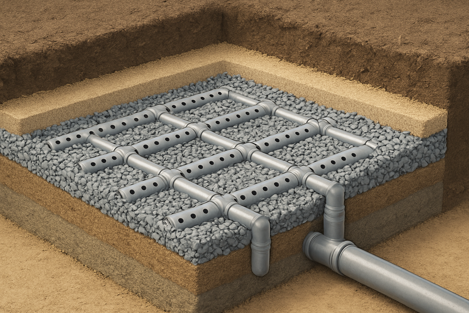 Create a realistic image of a detailed cross-section view of an underground drainage pipe system designed for a dog potty area, showing multiple layers including perforated drainage pipes arranged in a grid pattern, surrounded by gravel layers, sand filtration layers, and soil, with the pipes connected to a main drainage outlet, displayed in a cutaway technical illustration style with clean lighting that highlights the different material layers and pipe configuration, absolutely NO text should be in the scene.