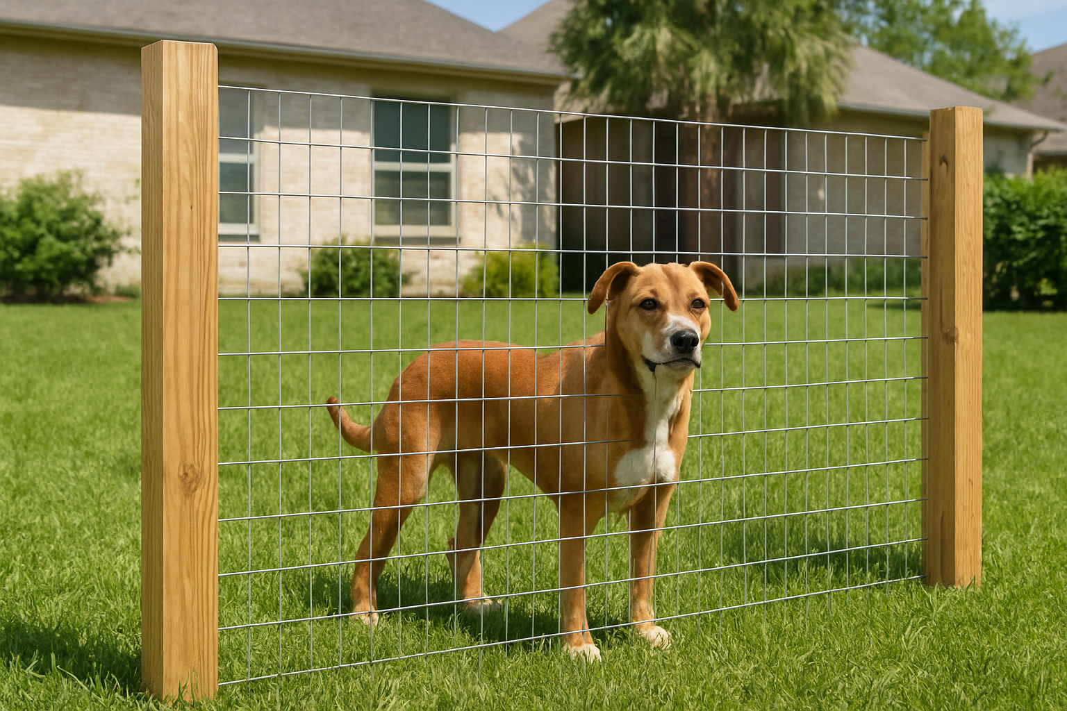 Create a realistic image of a budget-friendly wire mesh dog fence installed in a residential backyard, showing galvanized wire mesh panels attached to wooden or metal posts, with a medium-sized dog safely contained within the fenced area, green grass and suburban home visible in the background, bright natural daylight illuminating the scene, demonstrating an affordable yet effective fencing solution, Absolutely NO text should be in the scene.