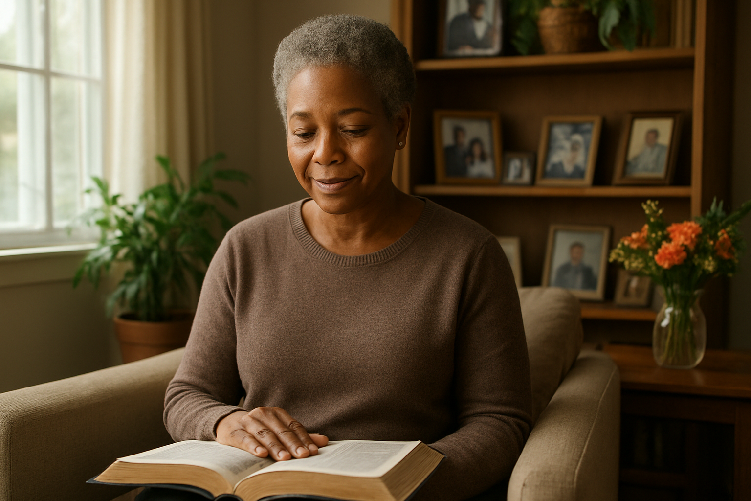 Create a realistic image of a serene middle-aged black woman with gentle eyes and a warm smile, sitting in a cozy living room with soft natural lighting streaming through a window, her hands gently placed on an open Bible in her lap, surrounded by family photos on nearby shelves, with potted plants and fresh flowers adding warmth to the scene, conveying wisdom and maternal strength through her peaceful expression and dignified posture, absolutely NO text should be in the scene.