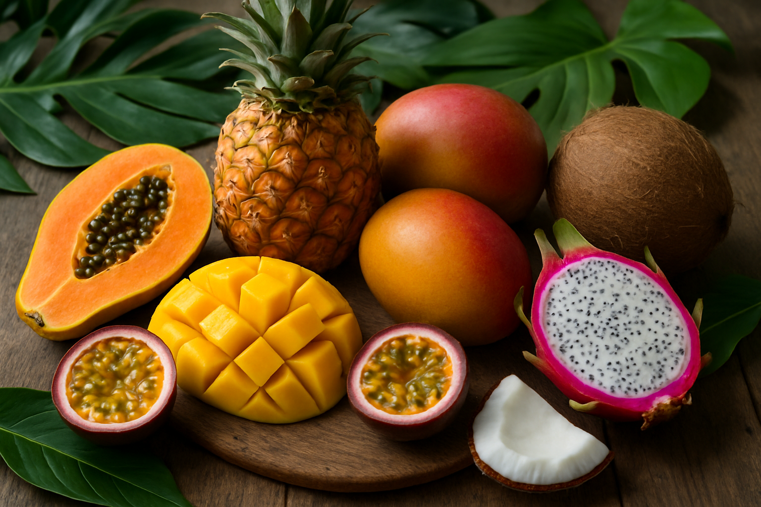 Create a realistic image of vibrant tropical fruits including pineapple, mango, papaya, dragon fruit, passion fruit, and coconut arranged on a rustic wooden table, with some fruits cut open to show their colorful flesh, surrounded by tropical green leaves, in natural daylight with soft shadows, creating a fresh and appetizing composition that highlights the nutritional richness of these exotic fruits, absolutely NO text should be in the scene.