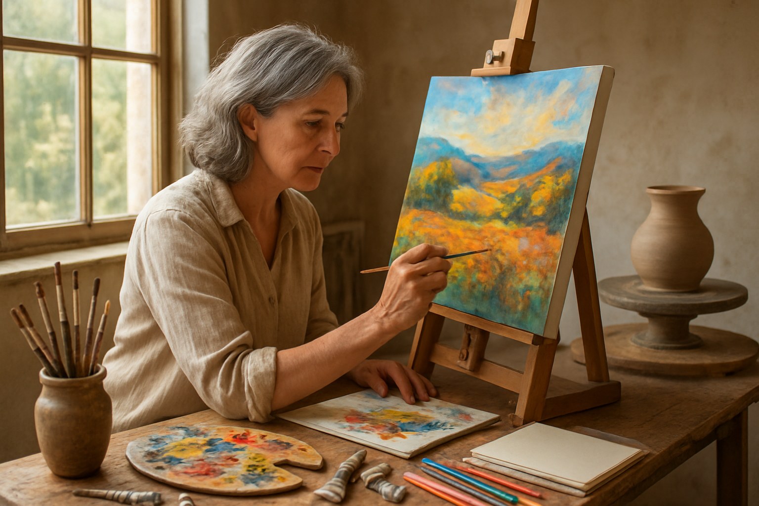 Create a realistic image of a middle-aged white woman with graying hair sitting at an easel painting a colorful landscape on canvas, surrounded by art supplies including brushes, paint tubes, and a palette with mixed colors, with a pottery wheel nearby displaying a half-formed clay vase, scattered sketching pads and colored pencils on a wooden table, warm natural lighting streaming through a large window, creating an inspiring and creative artist's studio atmosphere, absolutely NO text should be in the scene.
