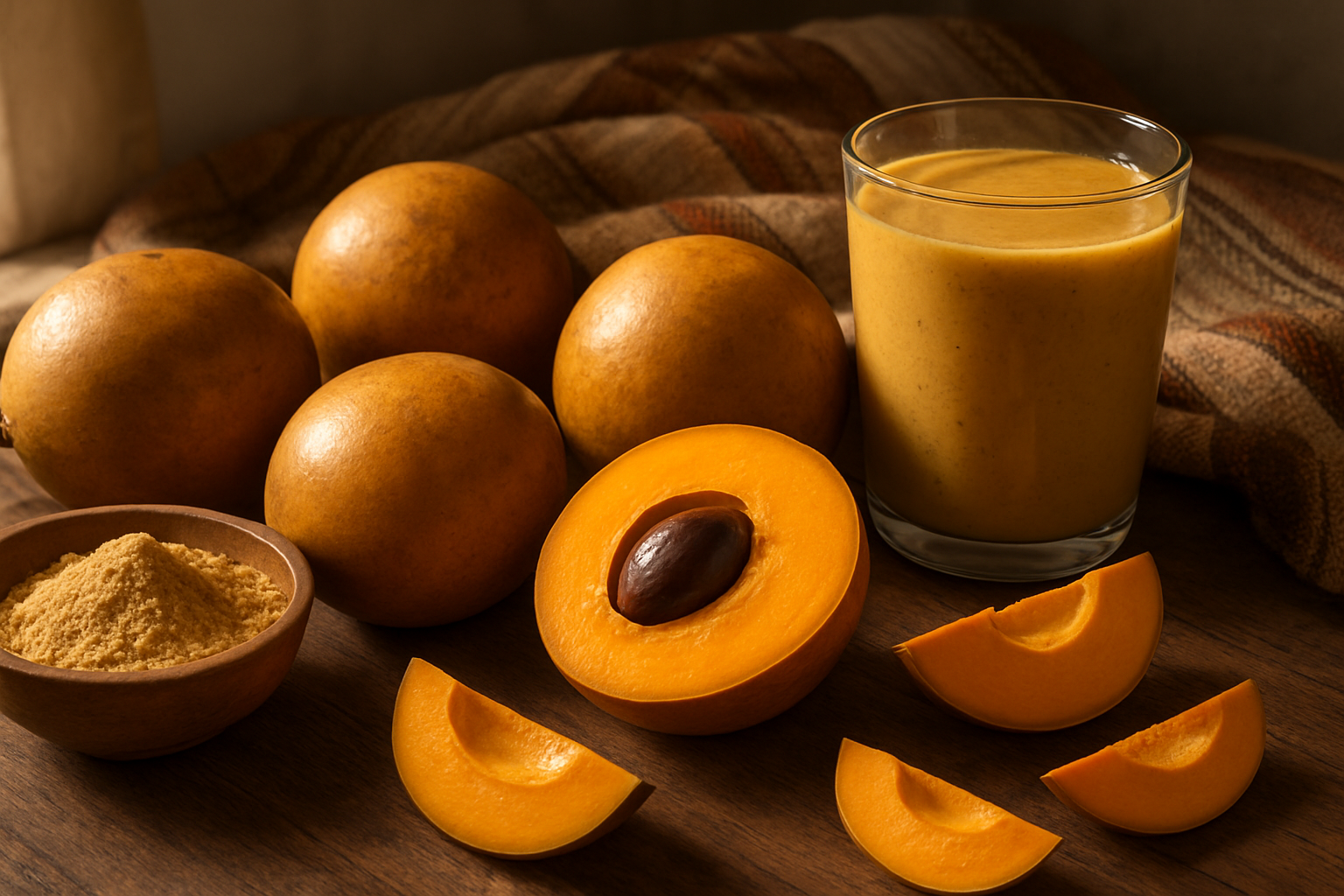 Create a realistic image of fresh lucuma fruits with their golden-brown exterior and bright orange flesh exposed in cross-sections, arranged on a rustic wooden table alongside a bowl of lucuma powder, a glass of golden smoothie, and scattered lucuma slices, with soft natural lighting from a window creating warm shadows, surrounded by subtle Peruvian-inspired elements like woven textiles in earth tones, conveying a sense of natural wellness and nutritional abundance, absolutely NO text should be in the scene.