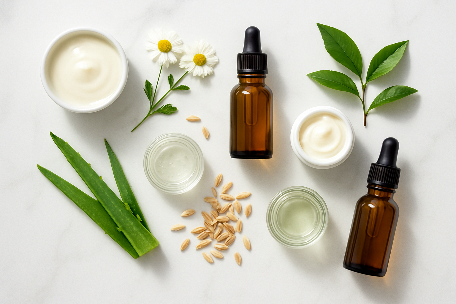Create a realistic image of a serene flat lay arrangement on a clean white marble surface featuring an assortment of natural skincare products including amber glass bottles, white ceramic jars, and clear glass containers with droppers, surrounded by fresh botanicals like chamomile flowers, aloe vera leaves, oat grains, and green tea leaves, with soft natural lighting casting gentle shadows, creating a peaceful and organic atmosphere that conveys gentle care and natural beauty, shot from directly above with even illumination and a minimalist aesthetic, absolutely NO text should be in the scene.