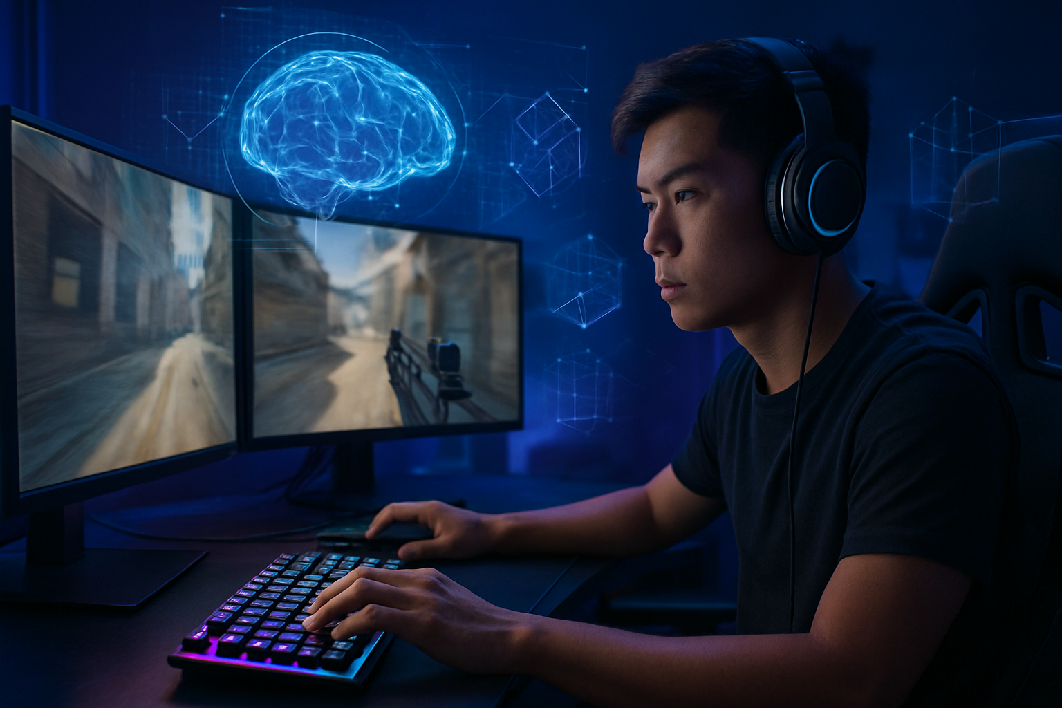 Create a realistic image of a young Asian male gamer sitting at a modern gaming desk with multiple monitors displaying a first-person shooter action game, his hands positioned on a mechanical keyboard and gaming mouse, with his focused eyes tracking fast-moving objects on screen, surrounded by RGB lighting from his gaming setup, with floating translucent brain imagery and geometric spatial elements like rotating 3D cubes, grids, and wireframe structures overlaying the scene to represent enhanced visual and spatial intelligence, set in a dimly lit gaming room with blue and purple ambient lighting, absolutely NO text should be in the scene.