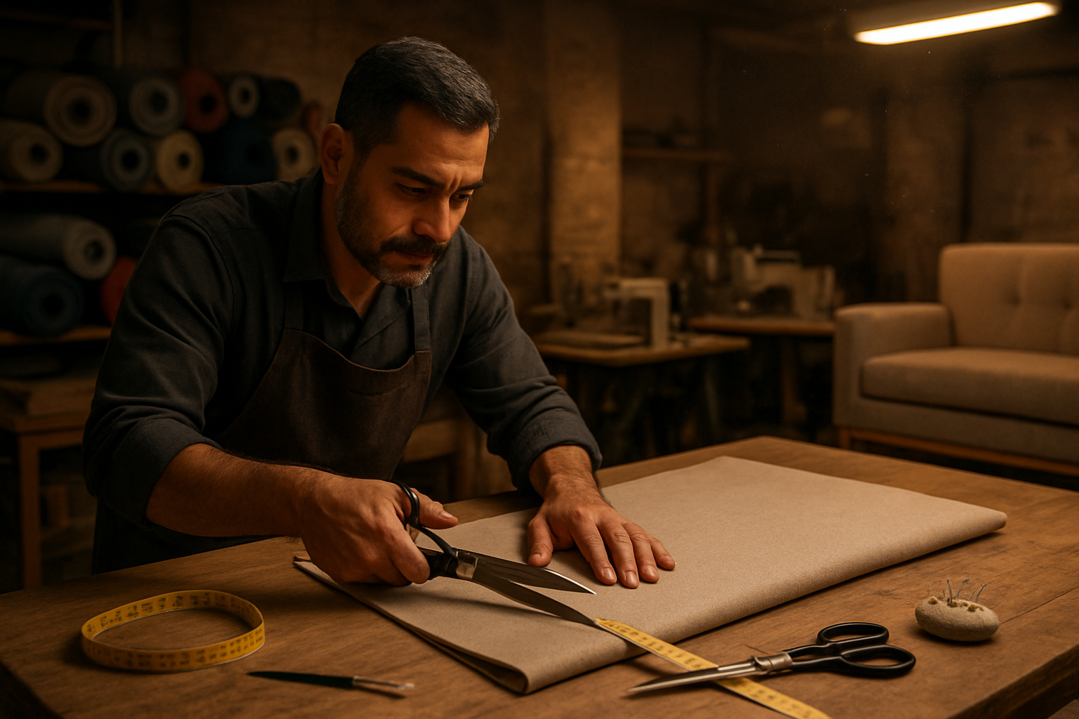Create a realistic image of a skilled Middle Eastern male craftsman in his 40s working in a professional upholstery workshop, measuring and cutting high-quality fabric on a large cutting table, with various upholstery tools like measuring tape, scissors, and pins neatly arranged nearby, rolls of different colored fabrics stacked in the background, a partially completed sofa frame visible on the side, warm workshop lighting creating a focused working atmosphere, dust particles gently floating in the air, wooden workbenches and industrial sewing machines in the background, showcasing the detailed craftsmanship process of custom sofa making, absolutely NO text should be in the scene.