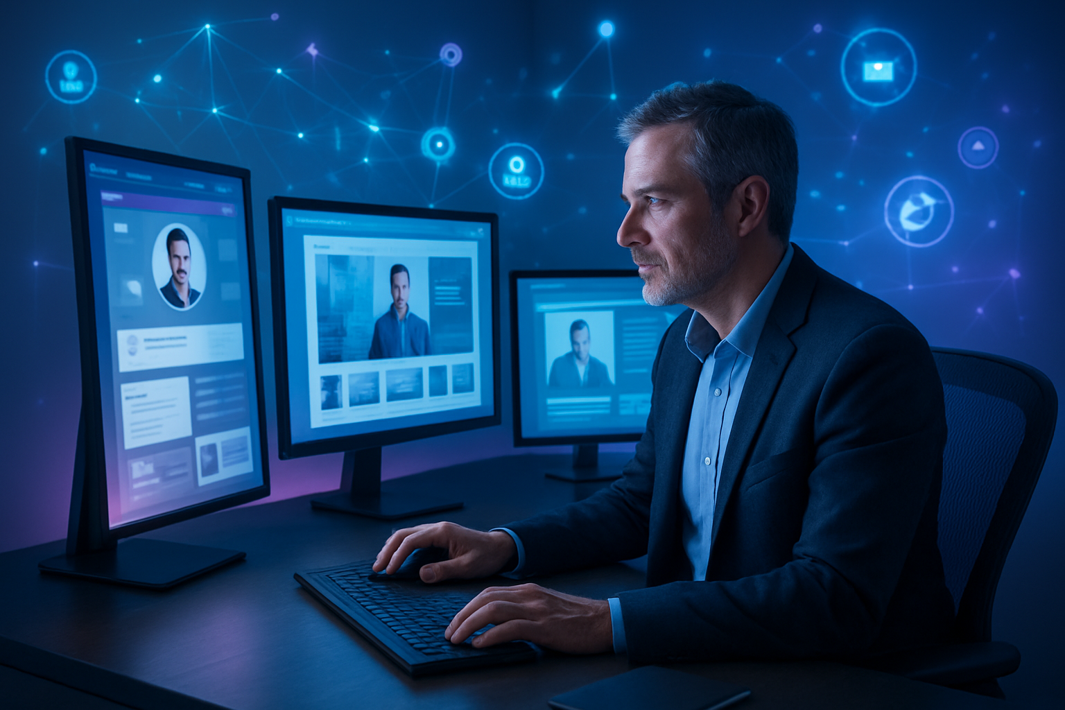 Create a realistic image of a modern professional workspace featuring a middle-aged white male sitting at a sleek desk with multiple digital screens displaying social media profiles, personal websites, and digital portfolios, surrounded by holographic projections of various digital platforms and icons floating in the air, with a futuristic blue and purple lighting scheme casting a tech-savvy ambiance, showing the person actively curating his online presence with digital elements representing personal branding like interconnected network nodes and glowing data streams in the background. Absolutely NO text should be in the scene.