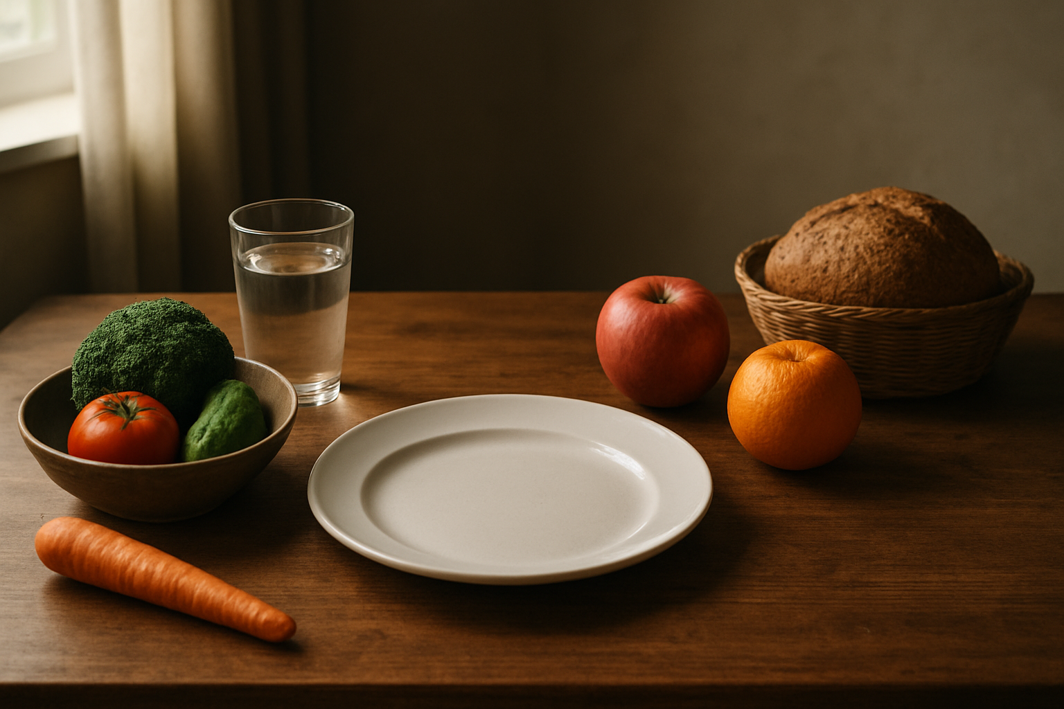 Create a realistic image of a wooden dining table with an empty white ceramic plate in the center, surrounded by simple fasting foods like fresh vegetables, fruits, bread, and a glass of water, with soft natural lighting from a nearby window creating a peaceful, contemplative atmosphere in a minimalist kitchen setting, with warm earth tones and a serene mood that conveys spiritual discipline and mindful eating, absolutely NO text should be in the scene.