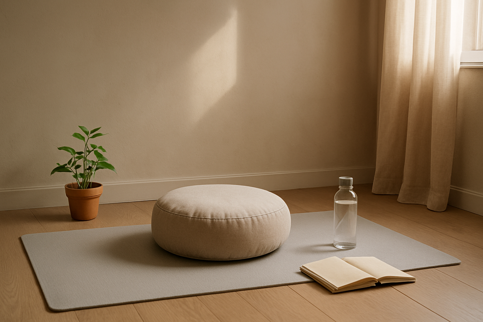 Create a realistic image of a peaceful home meditation corner with a comfortable cushion on a soft yoga mat, surrounded by subtle wellness elements like a small plant, a water bottle, and a journal, set against a calm neutral-toned wall with soft natural lighting streaming through a nearby window, conveying a sense of accessible daily mindfulness practice that can easily fit into any living space, absolutely NO text should be in the scene.
