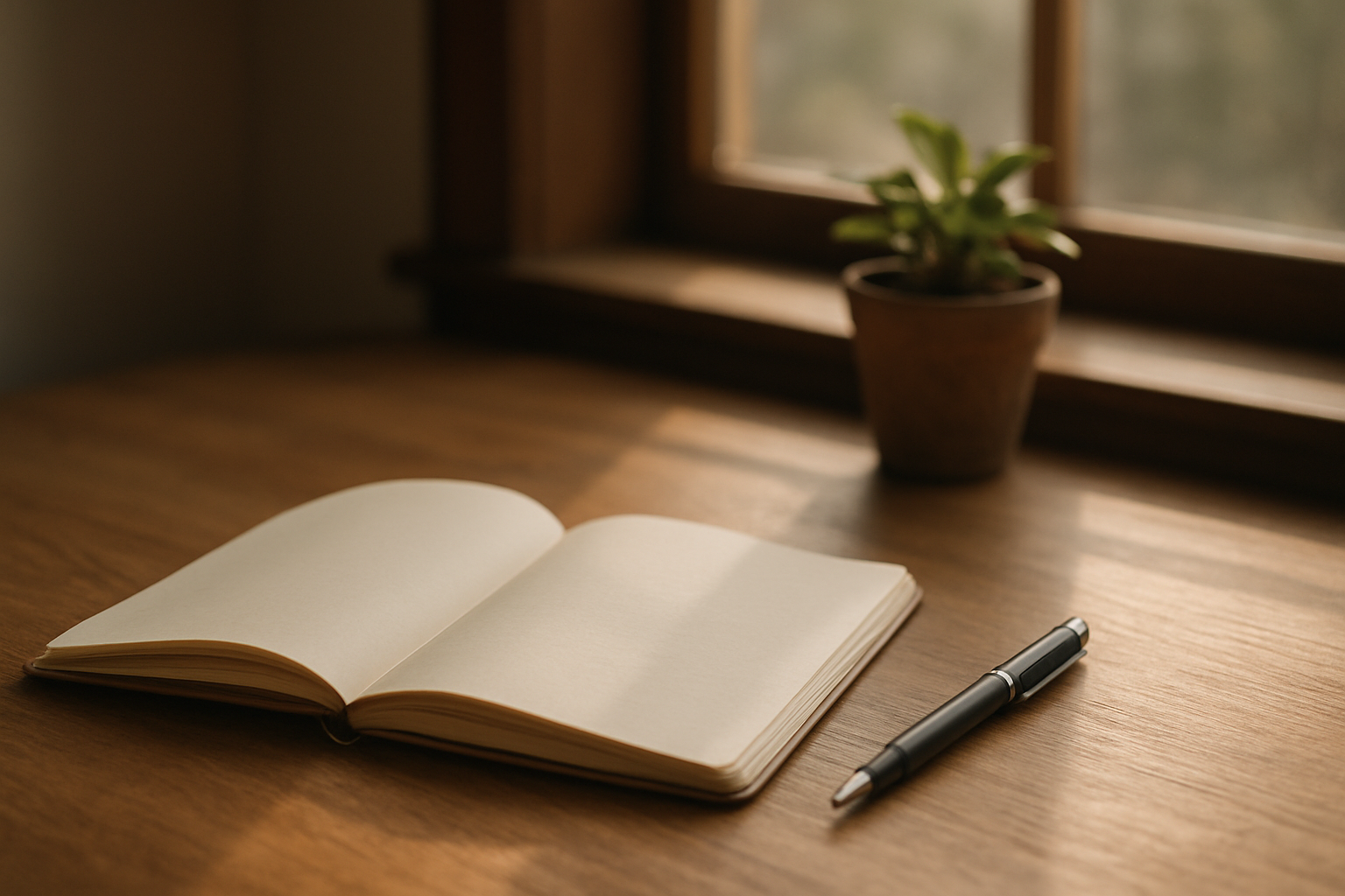 Create a realistic image of a peaceful workspace scene with an open notebook or planner on a wooden desk, a pen lying beside it, soft natural lighting streaming through a window, a small potted plant in the background, and a warm, contemplative atmosphere that suggests planning and reflection, with gentle shadows creating depth and tranquility in the scene, absolutely NO text should be in the scene.