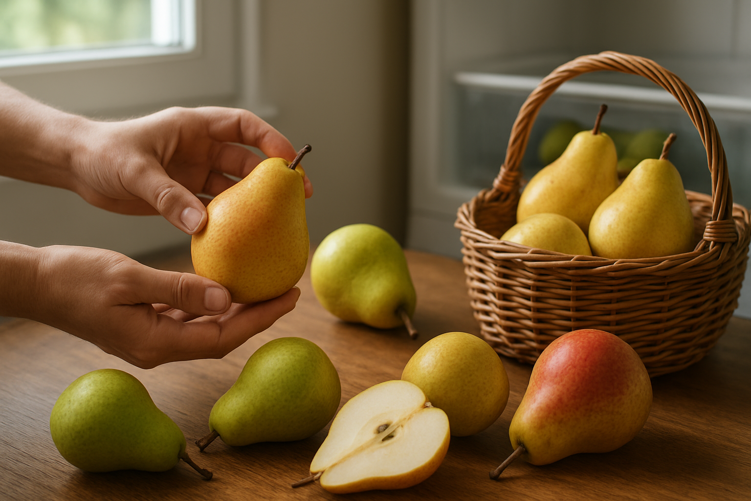 Create a realistic image of fresh pears in various stages of ripeness displayed on a wooden kitchen counter, with some pears being gently handled by hands to demonstrate proper selection technique, a wicker basket filled with perfectly ripe pears nearby, a few pears stored in a refrigerator crisper drawer visible in the background, natural daylight streaming through a kitchen window creating soft shadows, showcasing the different textures and colors of pear skin from green to golden yellow to red blush, with some pears cut in half to show the flesh quality, creating an educational and practical kitchen scene about pear selection and storage, absolutely NO text should be in the scene.