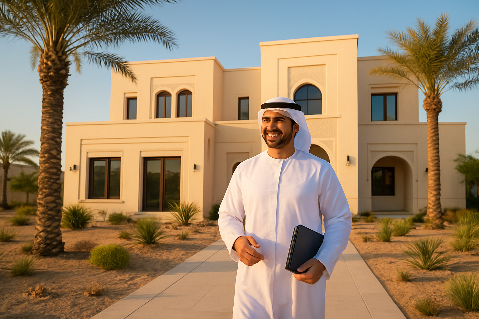 Create a realistic image of a luxurious modern villa in Abu Dhabi with a Middle Eastern male inspector in professional attire holding a clipboard and tablet walking away from the villa entrance, showing a sense of completion and satisfaction, with the villa featuring traditional Arabic architectural elements mixed with contemporary design, palm trees and desert landscaping in the foreground, clear blue sky with warm golden hour lighting casting long shadows, the inspector's body language suggesting a job well done, the villa's exterior showing pristine condition with visible inspection points like windows, doors, and structural elements, creating an atmosphere of professionalism and thoroughness, absolutely NO text should be in the scene.
