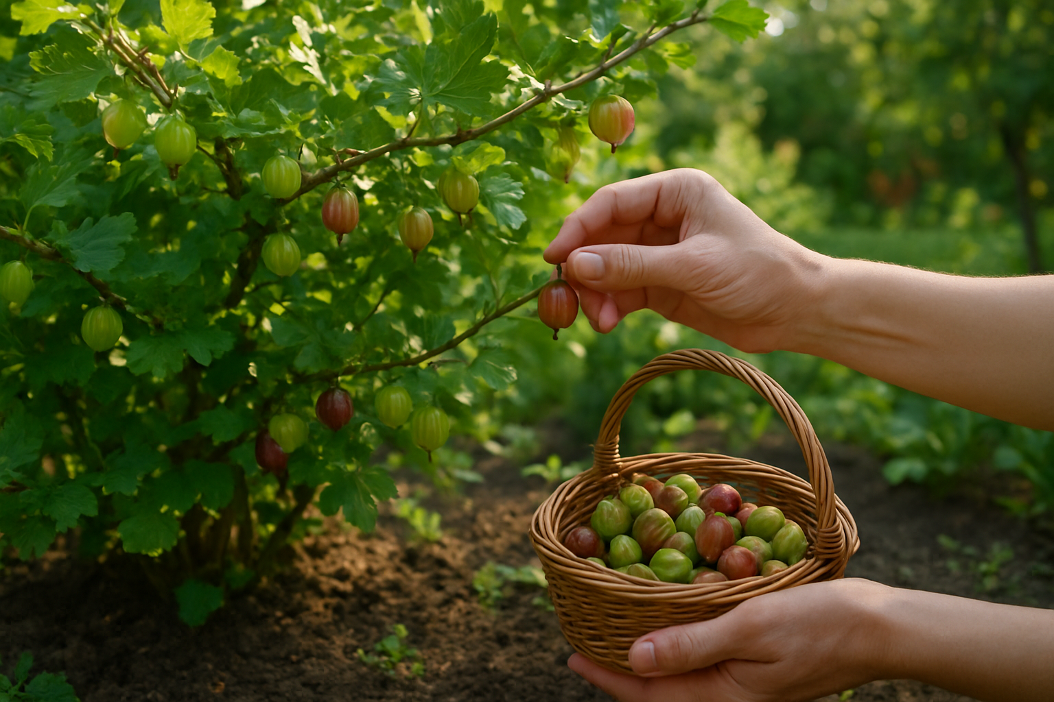 Create a realistic image of a lush gooseberry bush in a garden setting with ripe green and red gooseberries hanging from thorny branches, showing a white female gardener's hands gently harvesting the berries into a wicker basket, with rich soil beneath the plant, morning sunlight filtering through leaves creating dappled shadows, and a peaceful backyard garden atmosphere with other plants visible in the soft-focus background, absolutely NO text should be in the scene.