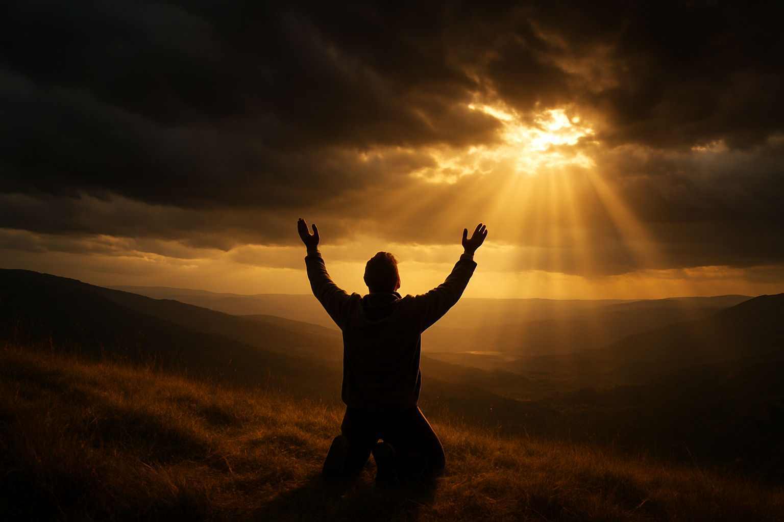 Create a realistic image of a person kneeling in prayer on a hillside at dawn, with arms raised upward in a gesture of surrender and faith, golden sunlight breaking through storm clouds above, creating dramatic rays of light that illuminate the figure, rolling hills and a valley visible in the background, the scene conveying a sense of peace and spiritual breakthrough after struggle, with the lighting transitioning from dark stormy areas to bright hopeful illumination, absolutely NO text should be in the scene.