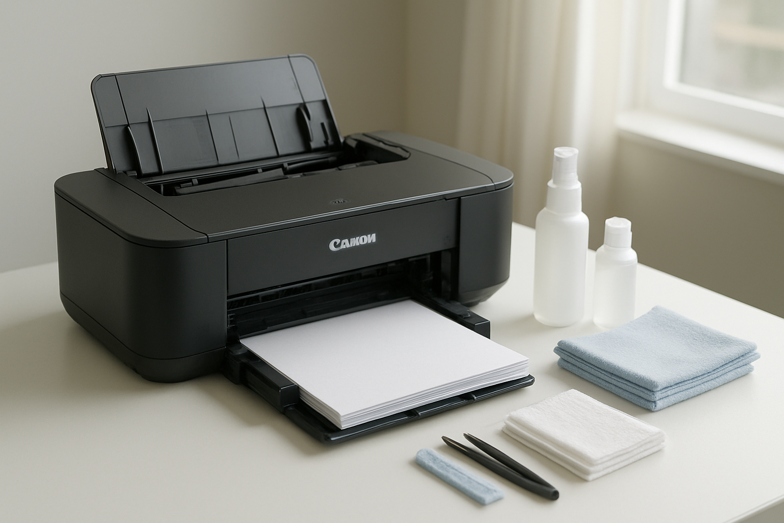 Create a realistic image of a Canon 2006n printer on a clean white desk with its front paper tray properly loaded with white paper, the printer cover slightly open showing clean internal components and paper path, alongside organized maintenance tools including lint-free cloths and cleaning supplies, with soft natural lighting from a window creating a professional office atmosphere that conveys successful printer maintenance and resolution, absolutely NO text should be in the scene.