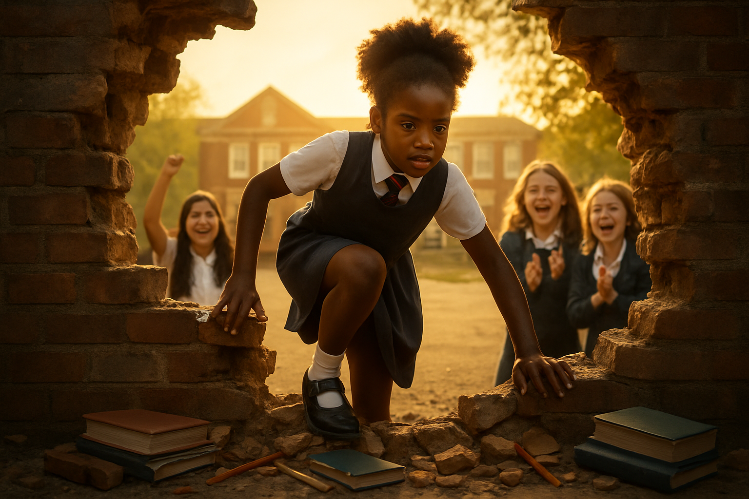 Create a realistic image of a young black girl in a school uniform climbing over or breaking through a crumbling brick wall that has books, pencils, and educational materials scattered around its base, with a bright school building visible in the background, warm golden lighting suggesting hope and determination, other diverse female students of different races cheering and supporting from behind, symbolizing overcoming obstacles to education, absolutely NO text should be in the scene.