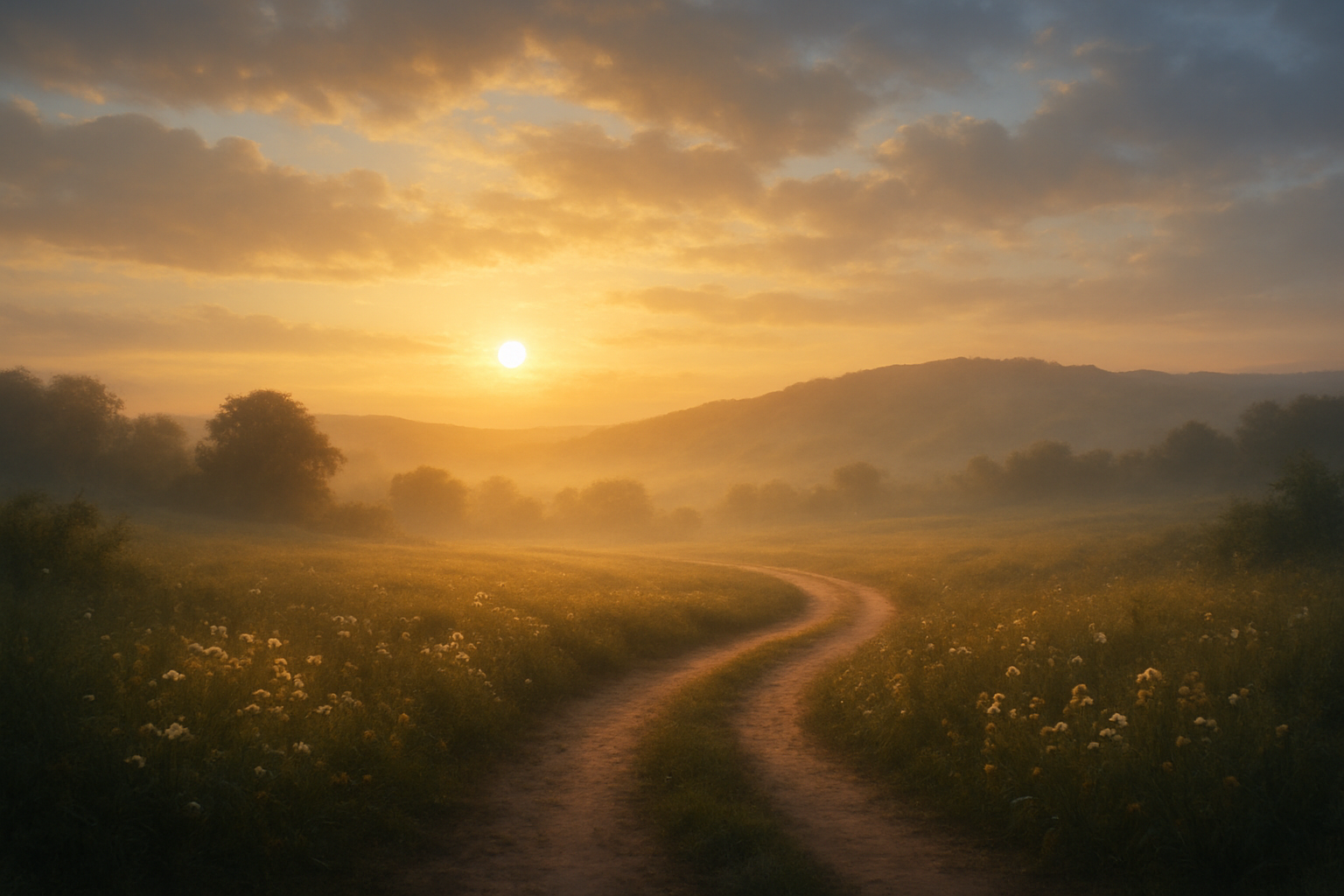 Create a realistic image of a serene dawn scene with golden sunlight breaking through soft clouds over a peaceful landscape, featuring a winding path that leads from shadowy foreground toward bright illuminated hills in the distance, with delicate wildflowers blooming along the pathway edges, warm golden and soft blue color palette creating a hopeful and peaceful atmosphere, gentle morning mist adding ethereal quality to the scene, symbolizing transition from darkness to light and journey from fear to faith, absolutely NO text should be in the scene.
