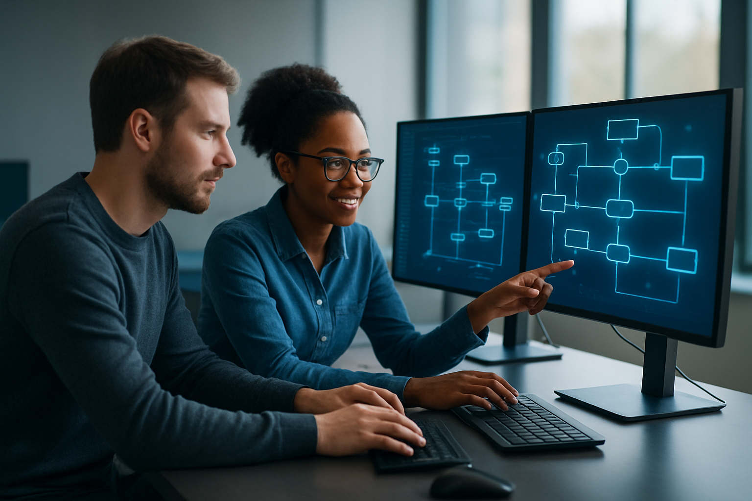 Create a realistic image of a modern digital workspace showing workflow automation concepts with interconnected nodes and flowchart elements displayed on multiple computer monitors, featuring a diverse team including a white male developer and a black female developer collaborating at a sleek desk, with glowing connection lines and automated process diagrams visible on screens, set in a contemporary office environment with soft natural lighting from large windows, conveying innovation and teamwork in software development, absolutely NO text should be in the scene.