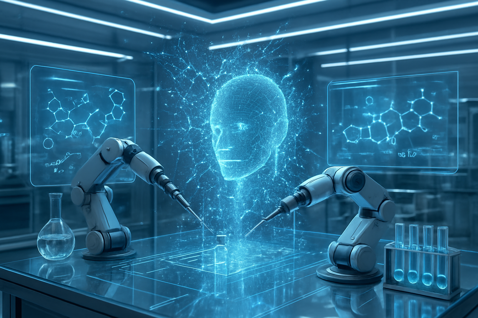 Create a realistic image of a futuristic laboratory setting with advanced AI technology breaking through digital barriers, featuring holographic displays showing molecular structures and vaccine components, robotic arms conducting precise scientific experiments, glowing blue and white LED lights illuminating high-tech equipment, transparent glass surfaces with flowing data streams, and sleek metallic surfaces reflecting the cutting-edge technology, all conveying innovation and scientific breakthrough in a clean, modern research environment, absolutely NO text should be in the scene.