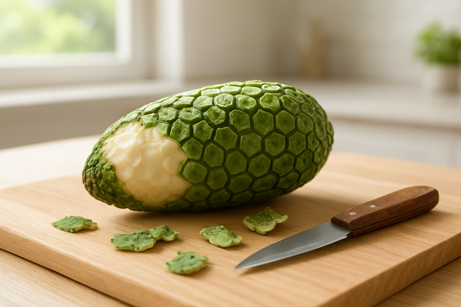 Create a realistic image of a ripe Monstera Deliciosa fruit with hexagonal segments partially peeling away to reveal the creamy white flesh inside, placed on a clean wooden cutting board alongside a small knife, with a few detached scales scattered nearby, set in a bright kitchen environment with natural lighting from a window, conveying careful preparation and food safety awareness. Absolutely NO text should be in the scene.